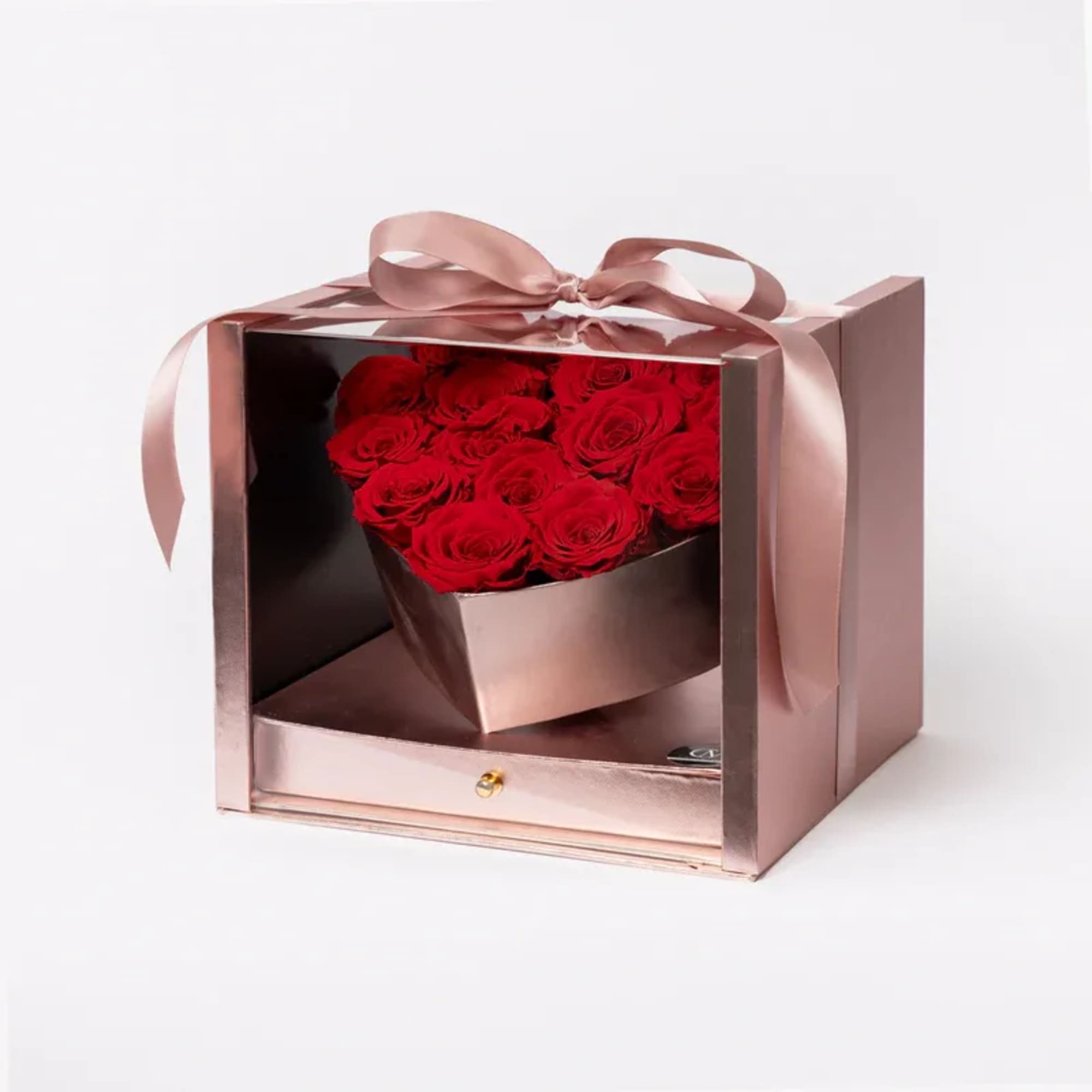 Boxed bouquet of red roses with a pink ribbon