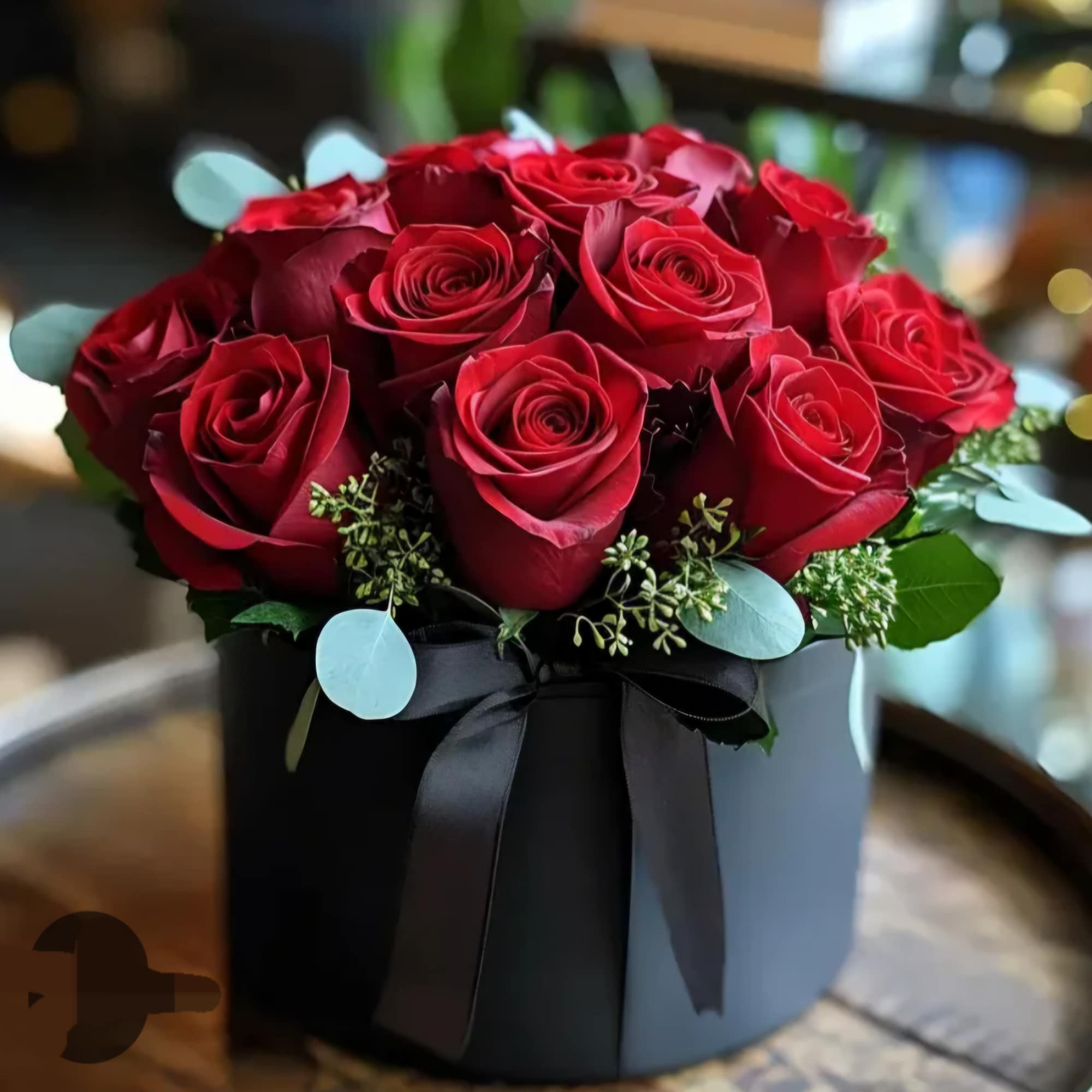 Red roses arranged in a black round box with a ribbon