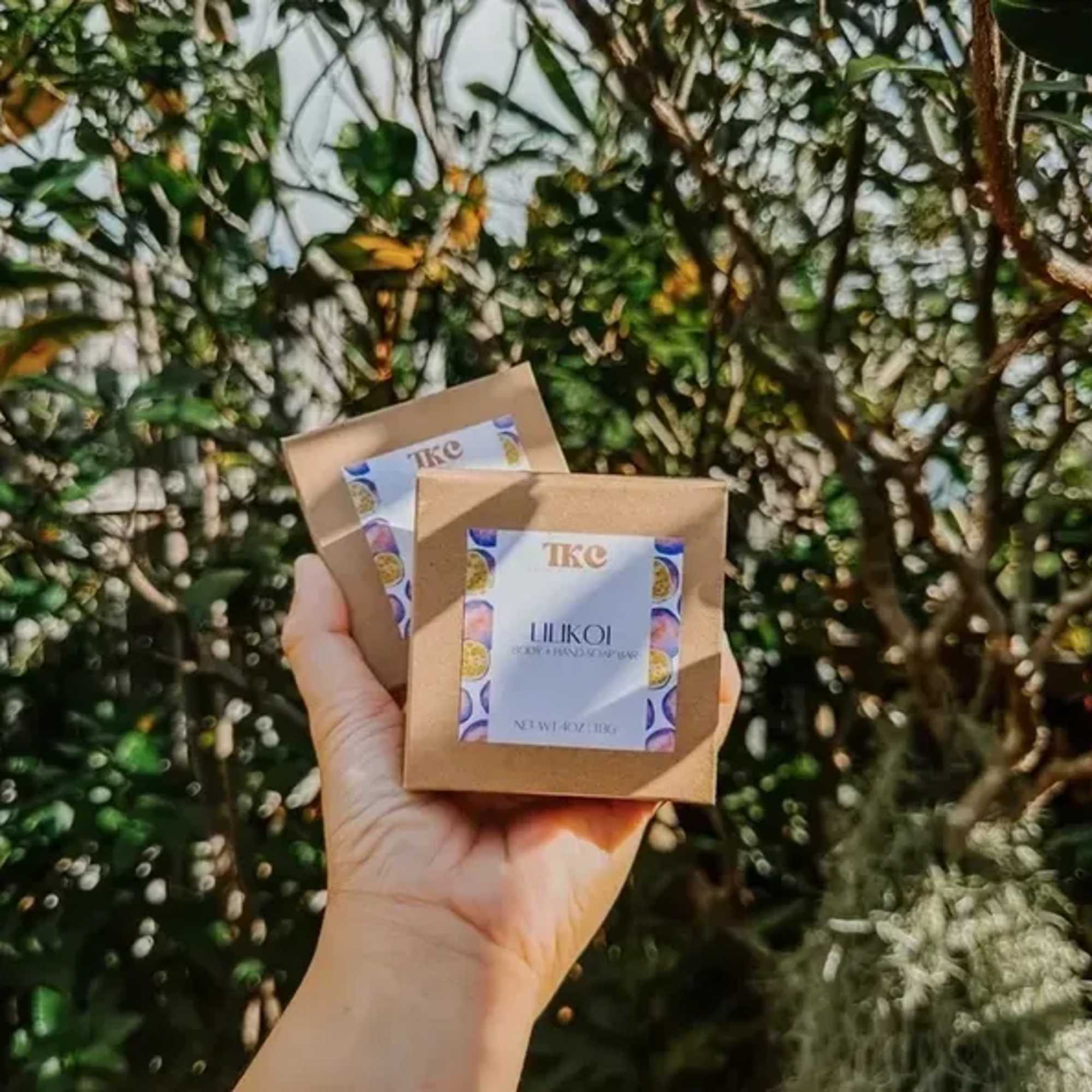 Hand holding two small brown boxes with labels in front of trees