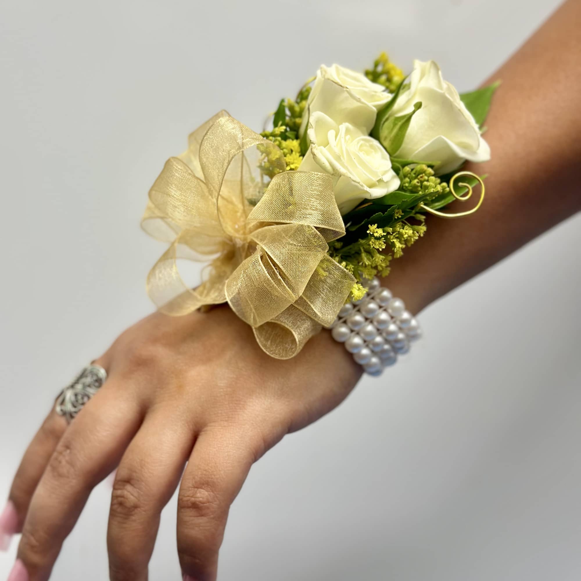 Lia Corsage made with white spray roses solidago and gold accent on, photo 2 of 2