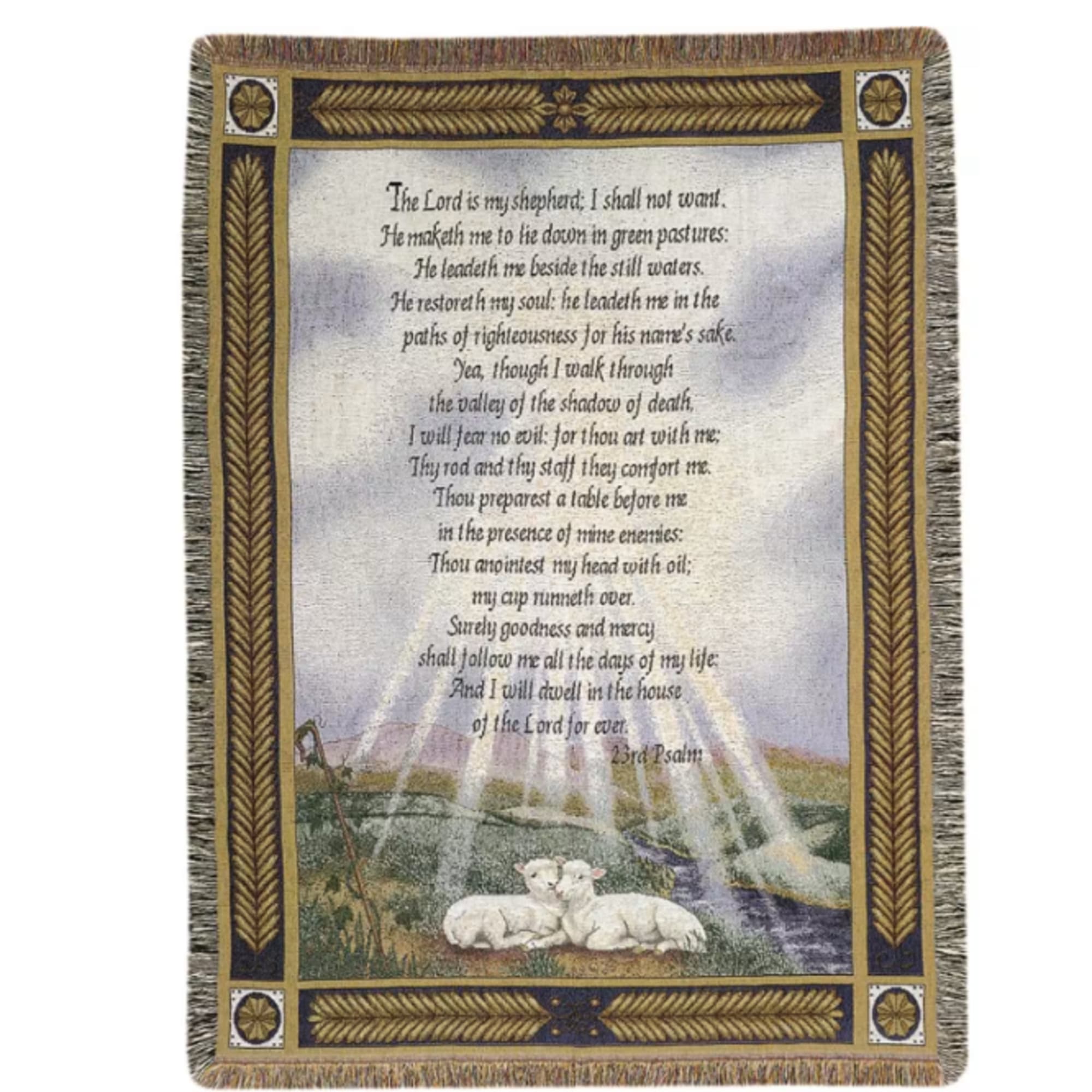 Religious tapestry throw with 23rd Psalm text, rays of light, and sheep in a pastoral scene