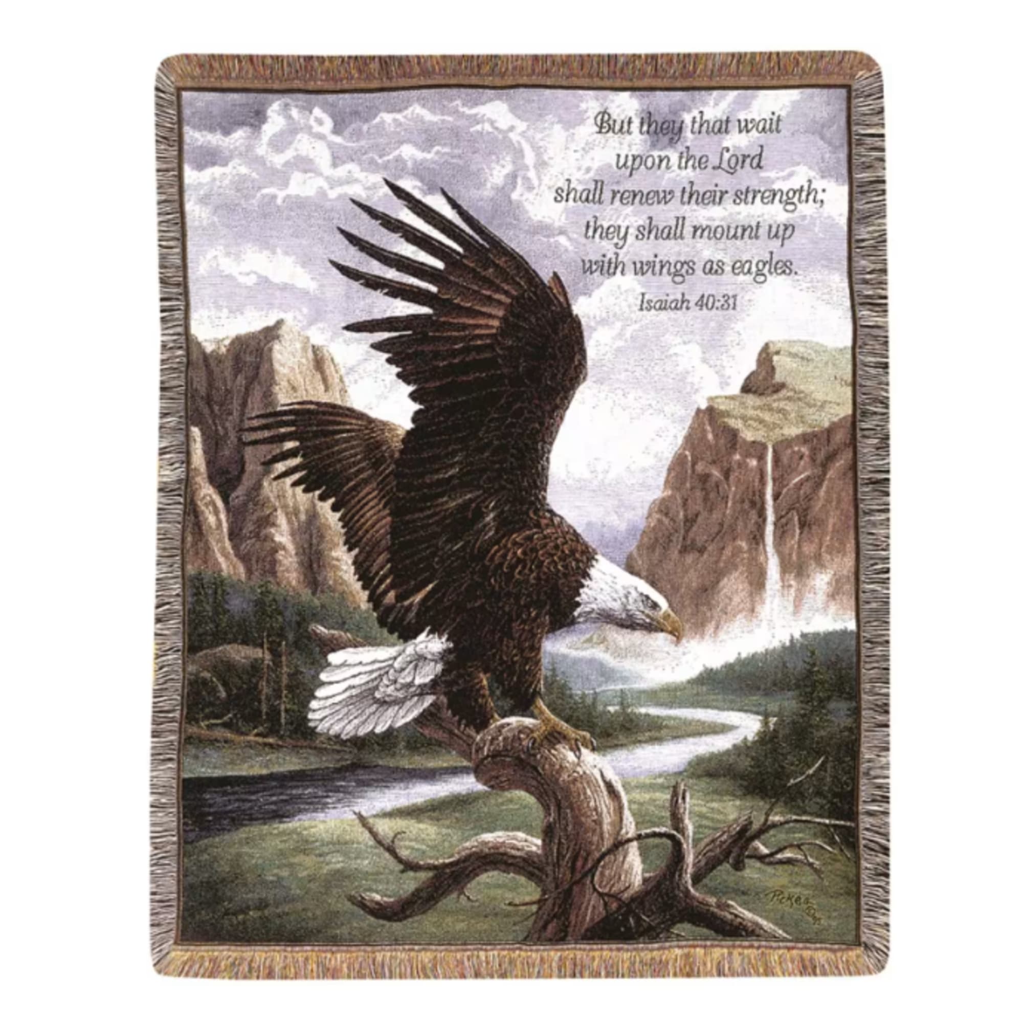 Woven throw blanket with a soaring bald eagle over a mountain landscape and scripture text