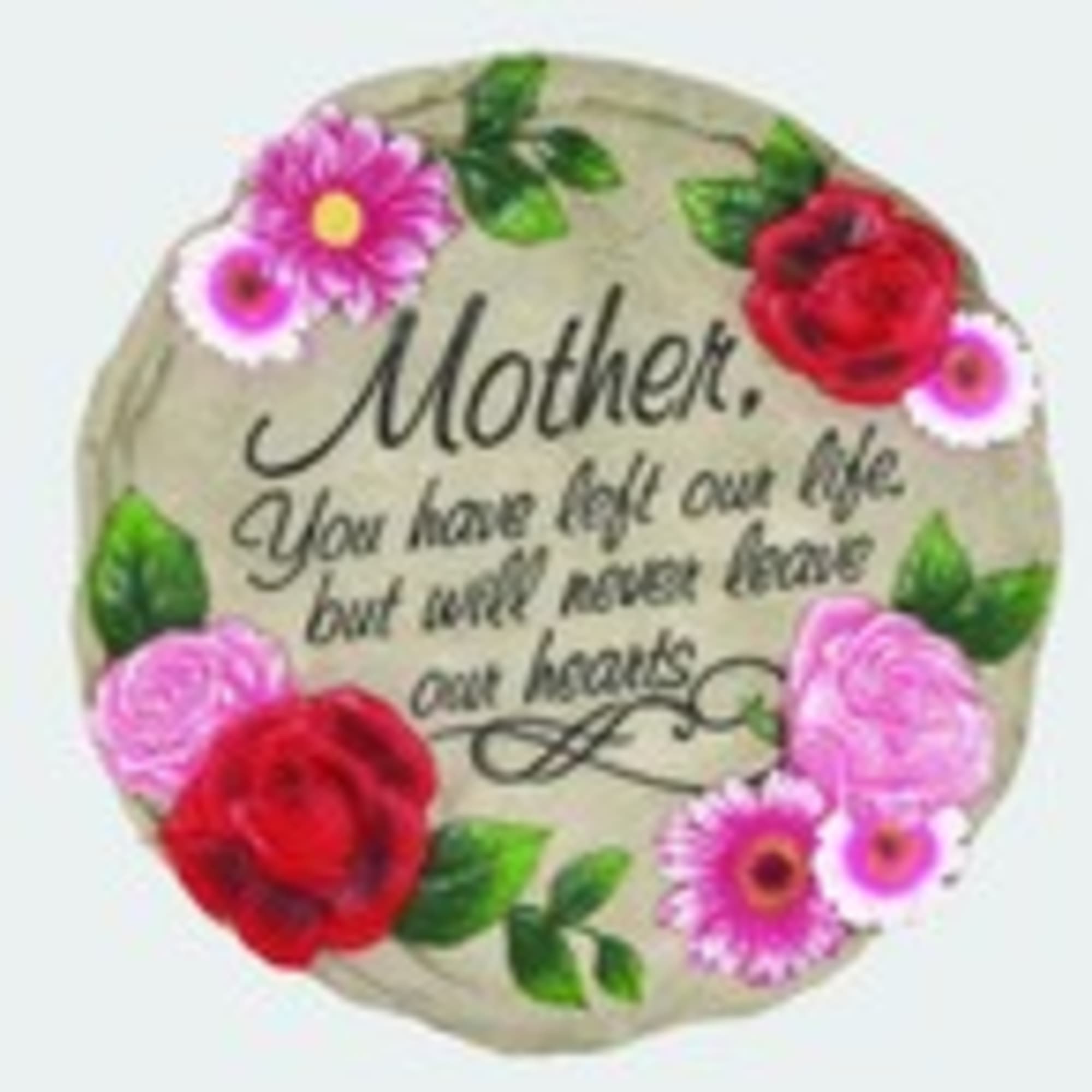 Round memorial plaque with painted flowers and the word Mother