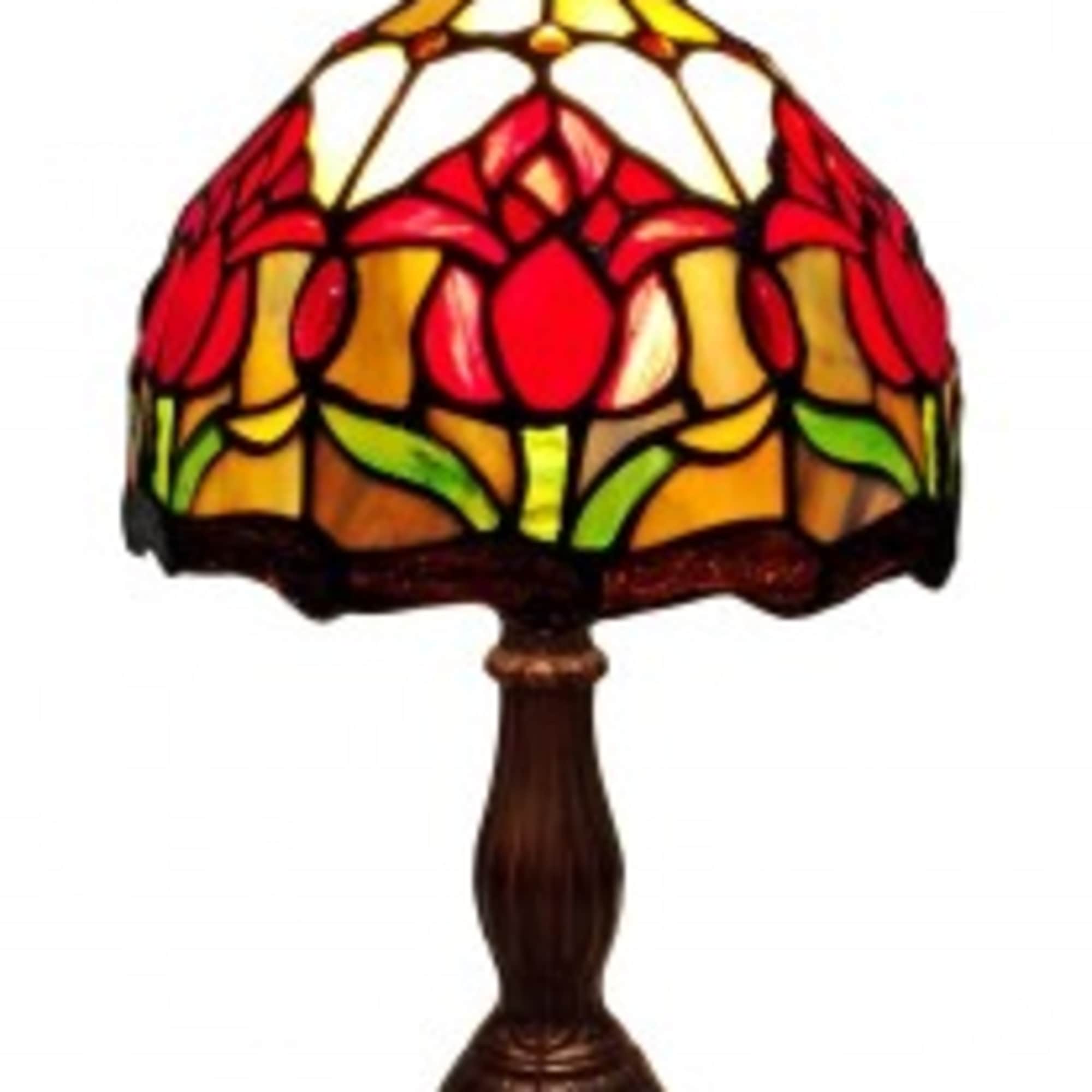 Stained glass table lamp with a floral-patterned shade