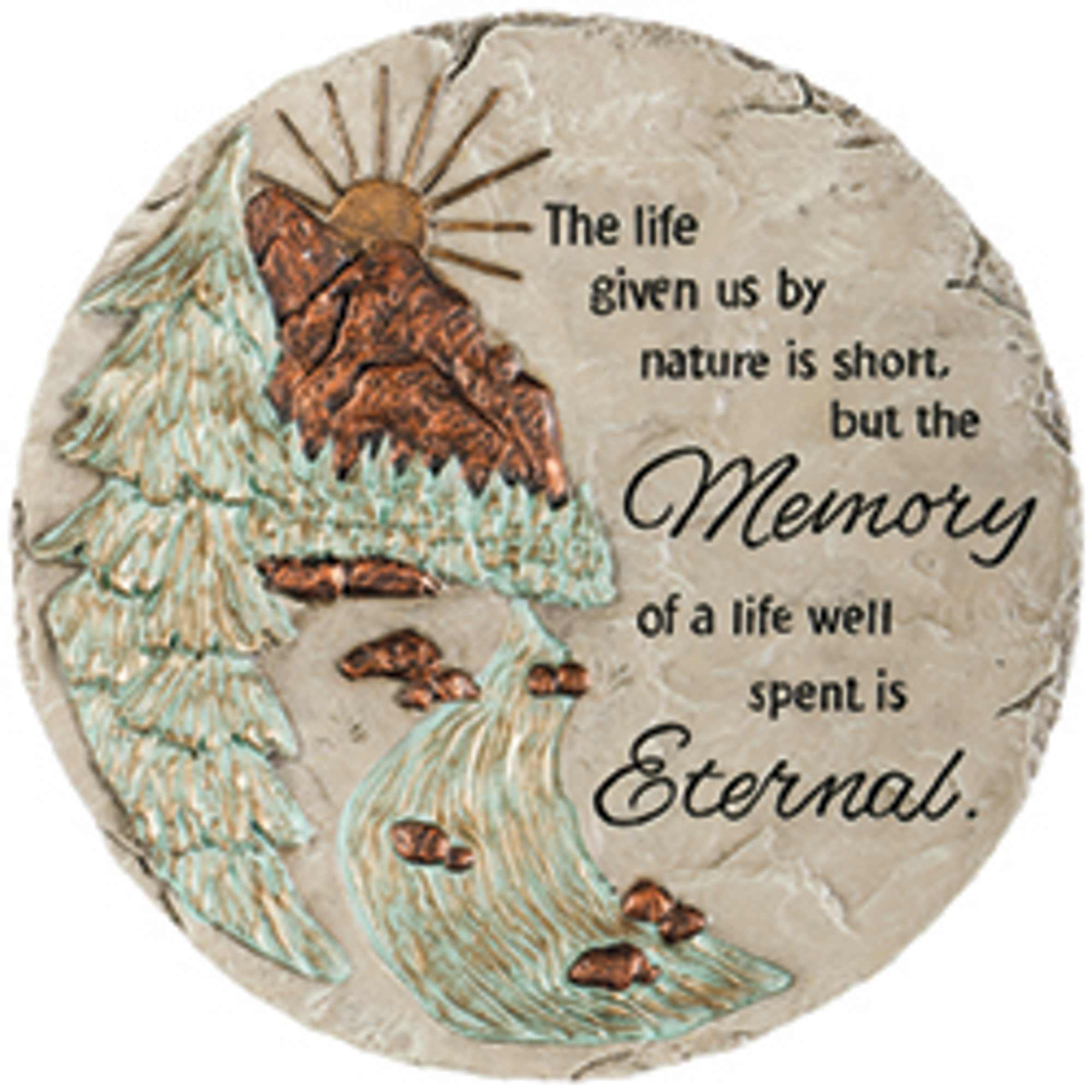 Round memorial plaque with a mountain scene and quote