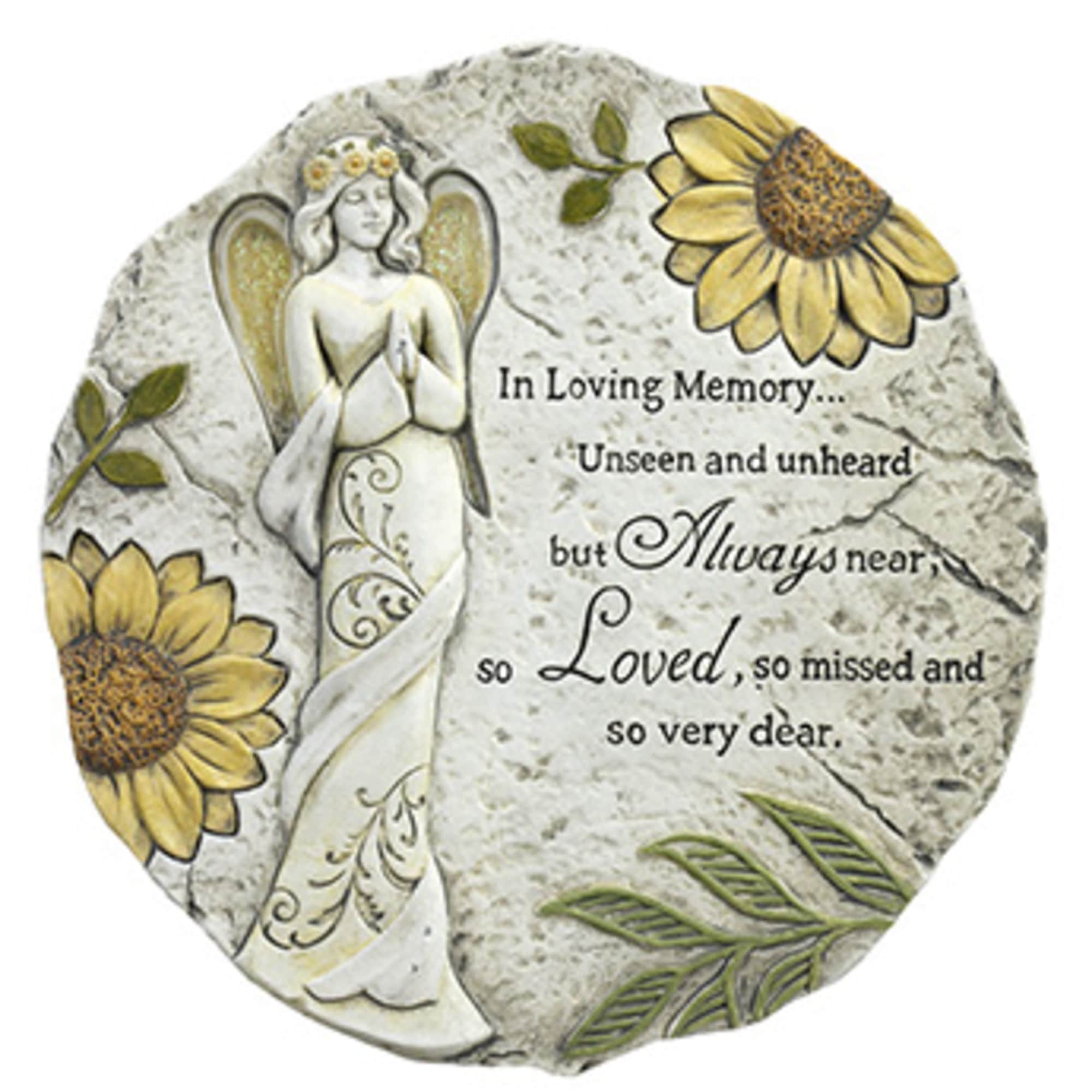 Memorial stone with an angel and sunflowers