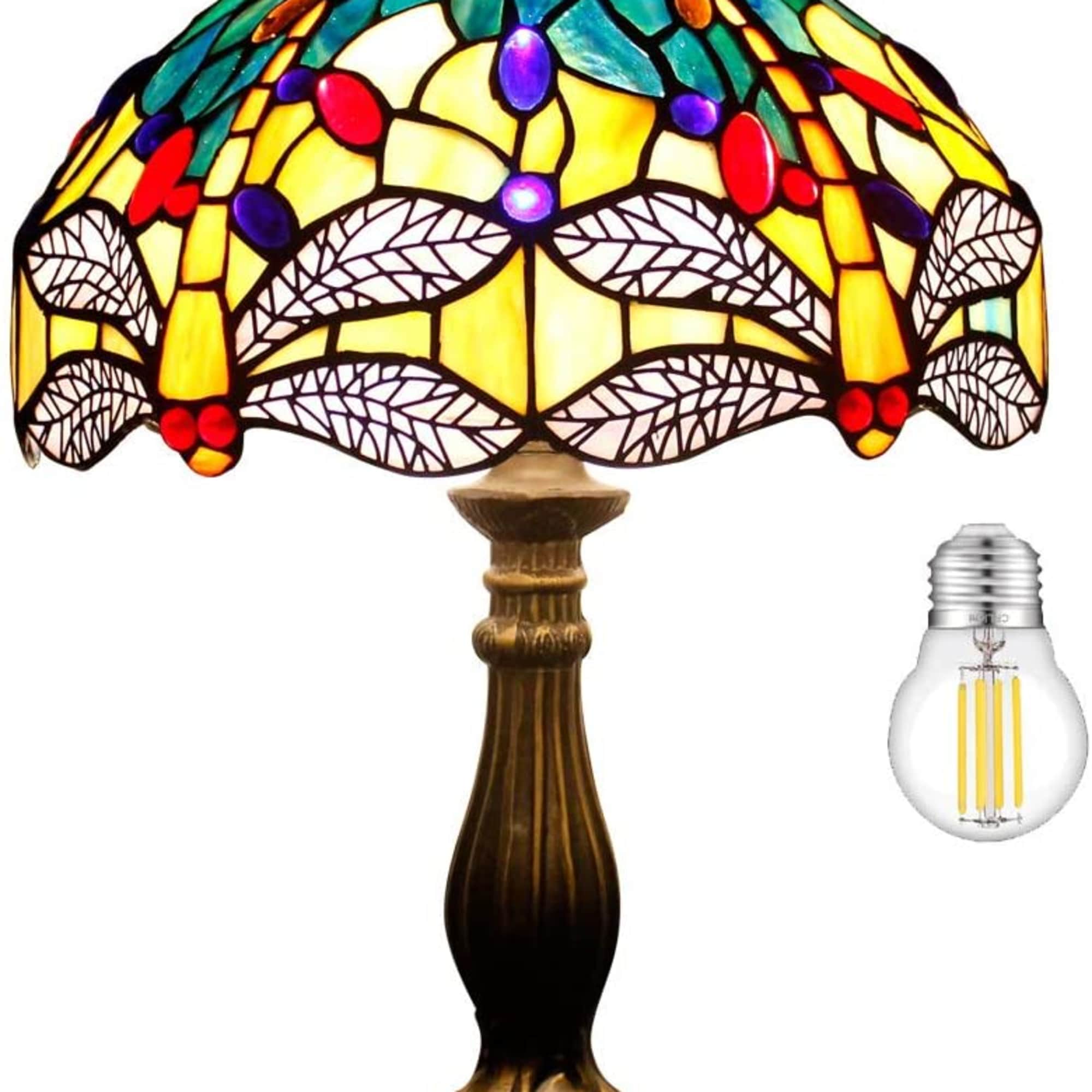 Stained-glass table lamp with a bronze base and a colorful domed shade