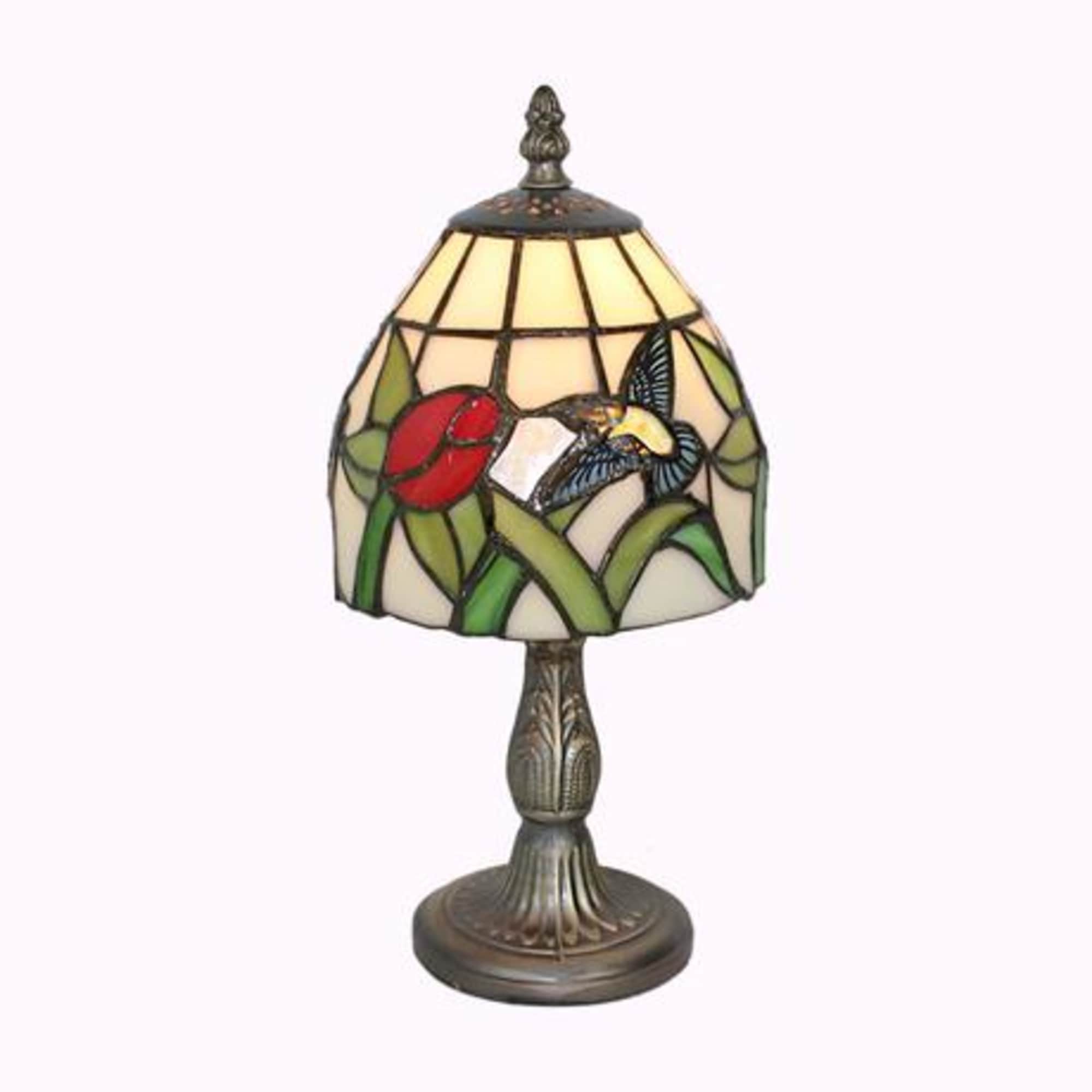 Stained glass table lamp with a red flower shade and bronze base