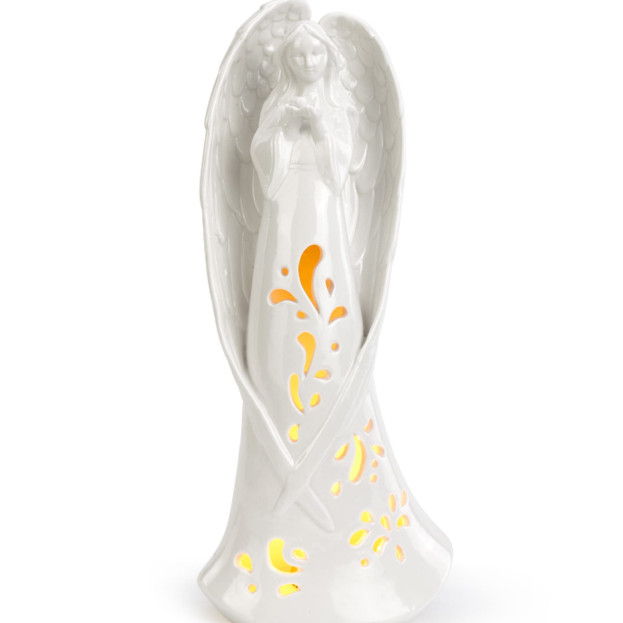 White angel figurine with glowing cutout floral accents