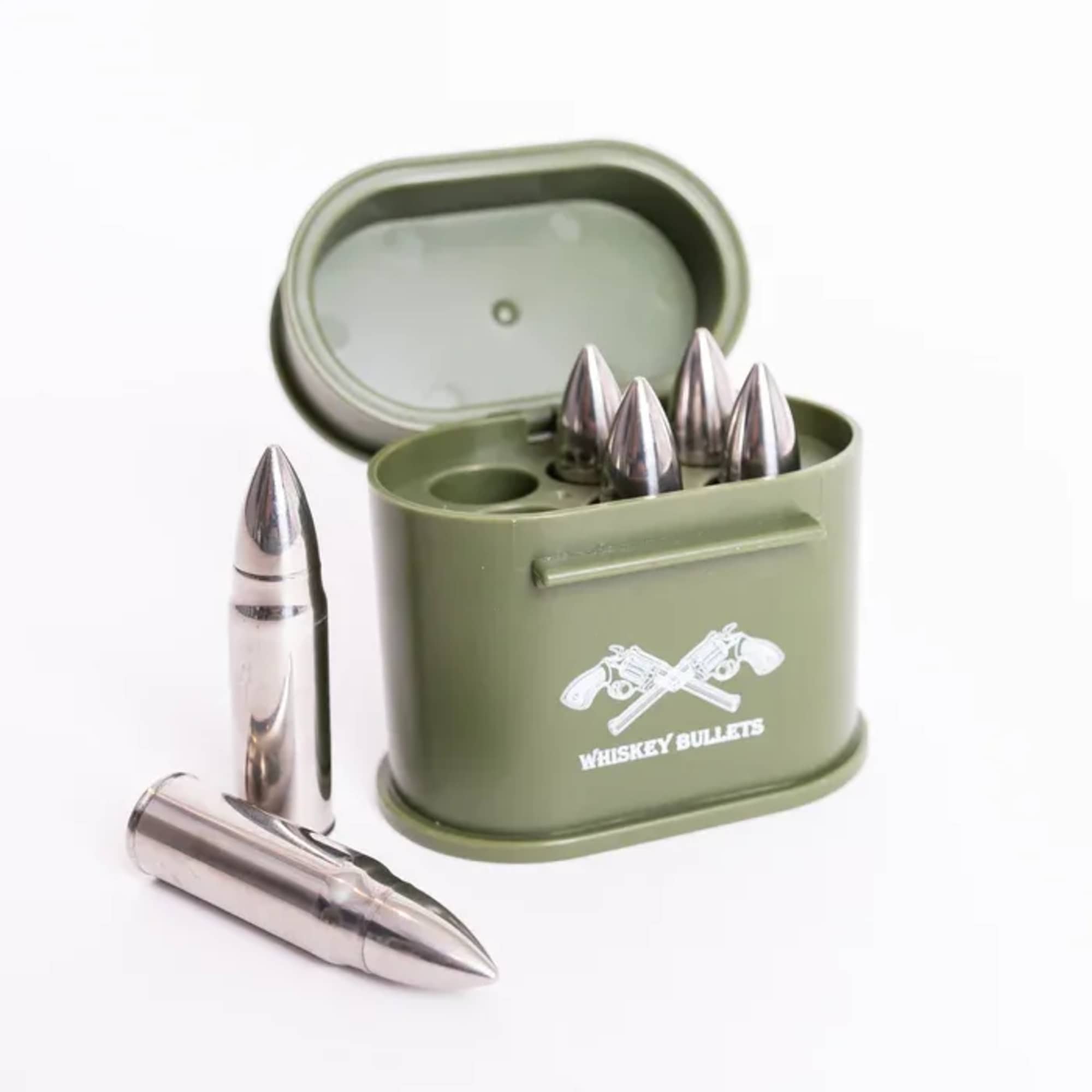 Green ammo-style container holding metal bullet-shaped items