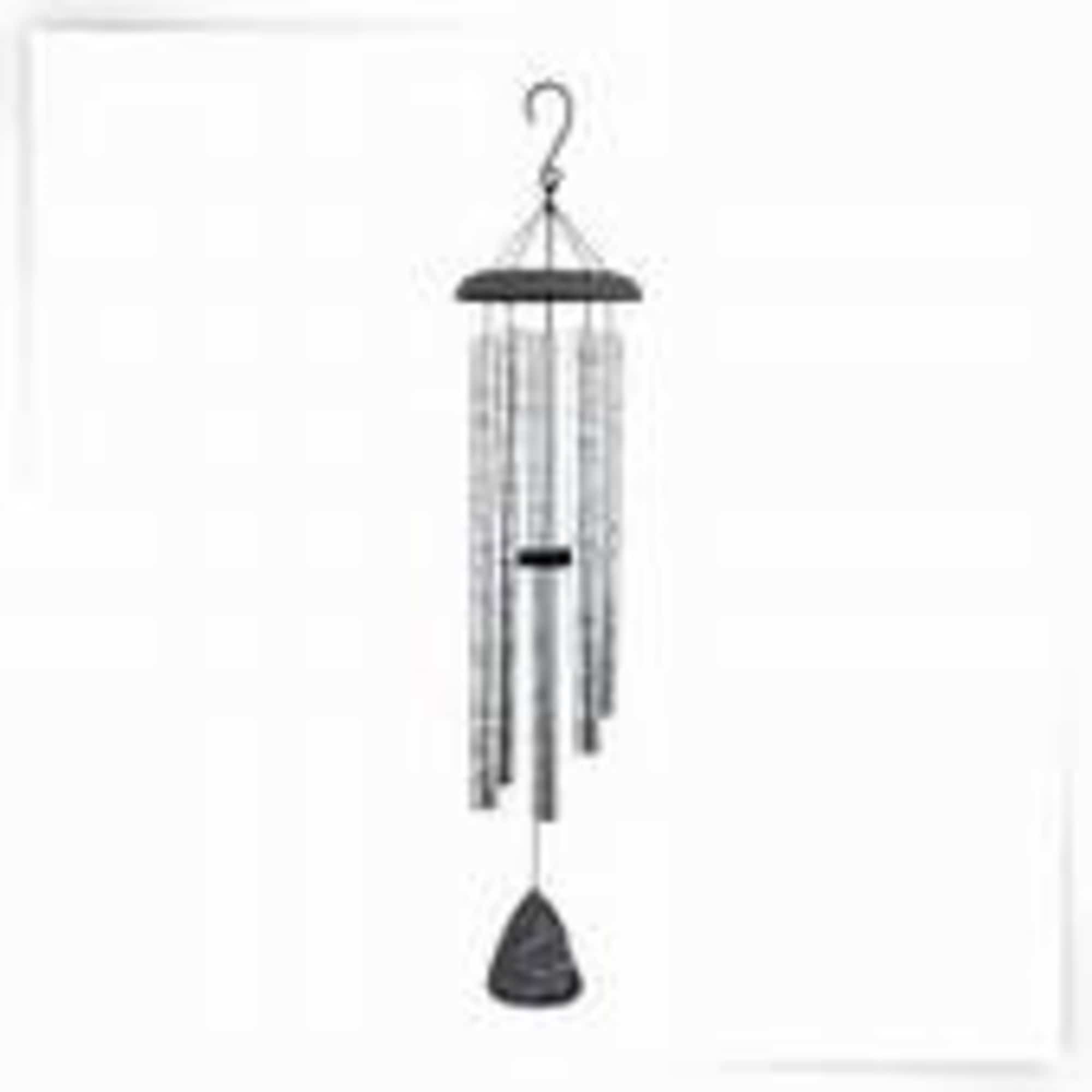 Hanging metal wind chime with long silver tubes and a black clapper