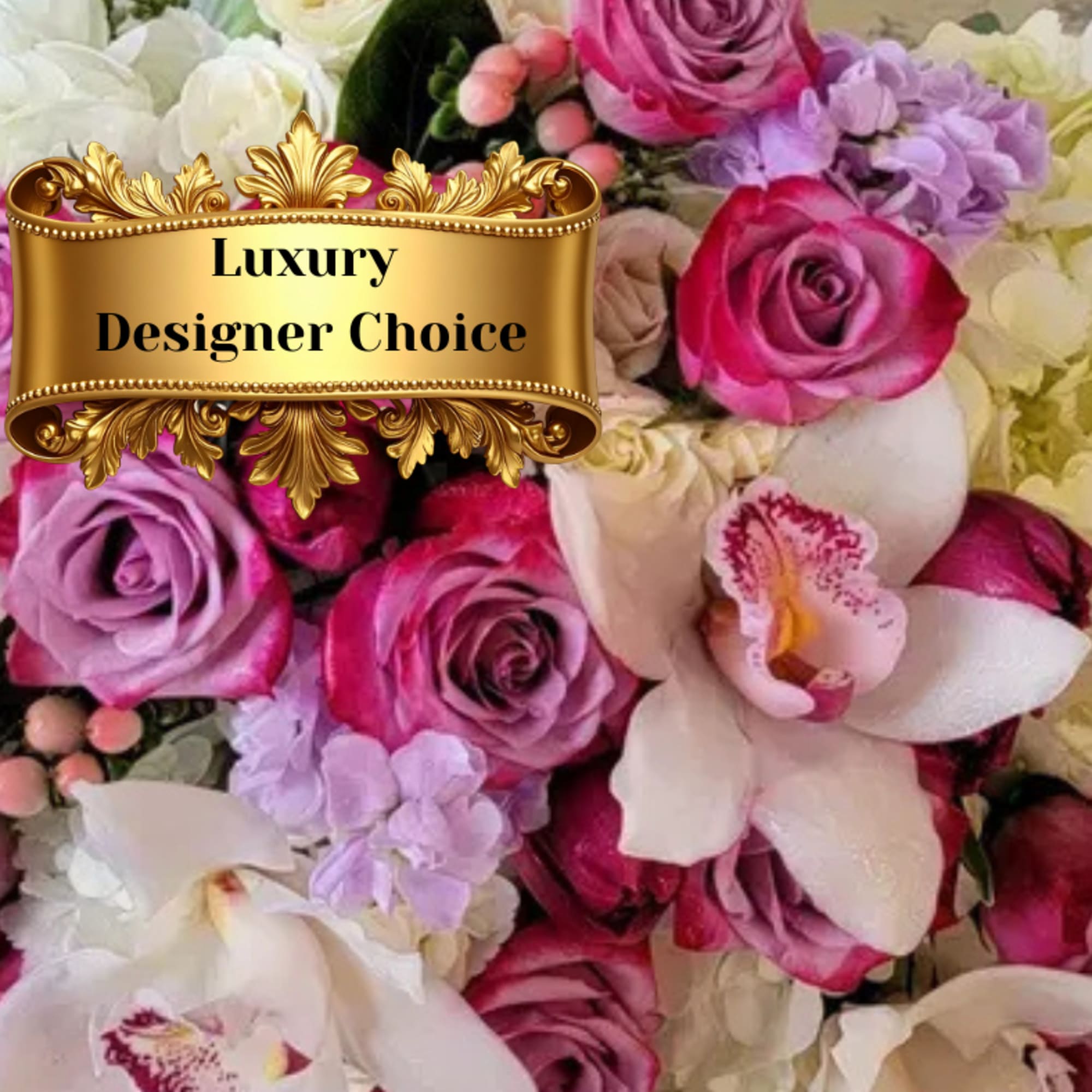 Mixed bouquet of pink and white roses with orchids and hydrangeas