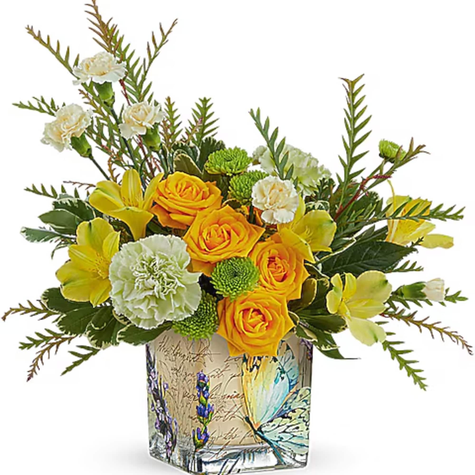 Yellow roses and carnations in a butterfly-printed glass vase