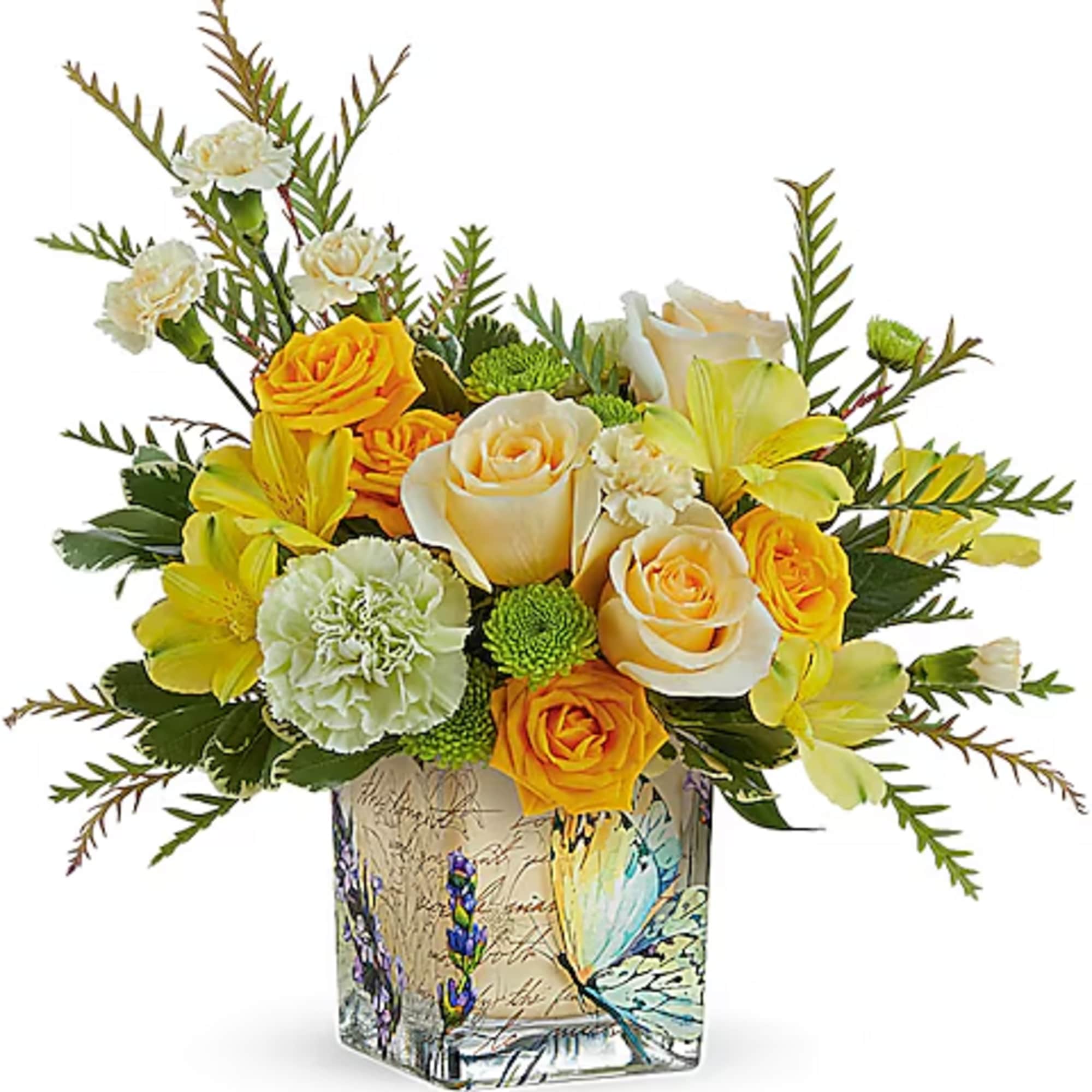 Yellow and white rose bouquet in a decorative square vase