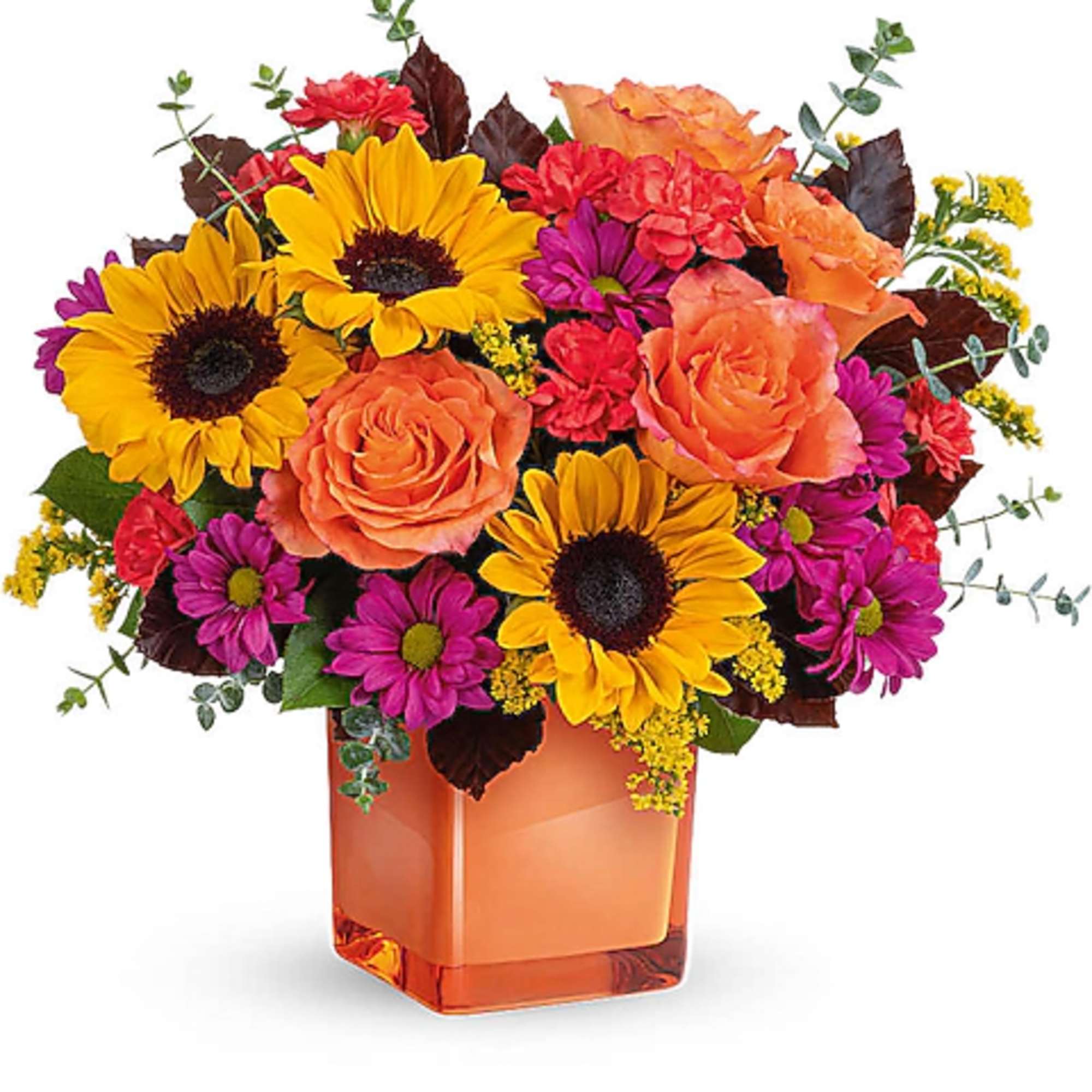 Bright bouquet of sunflowers, roses, and daisies in an orange vase