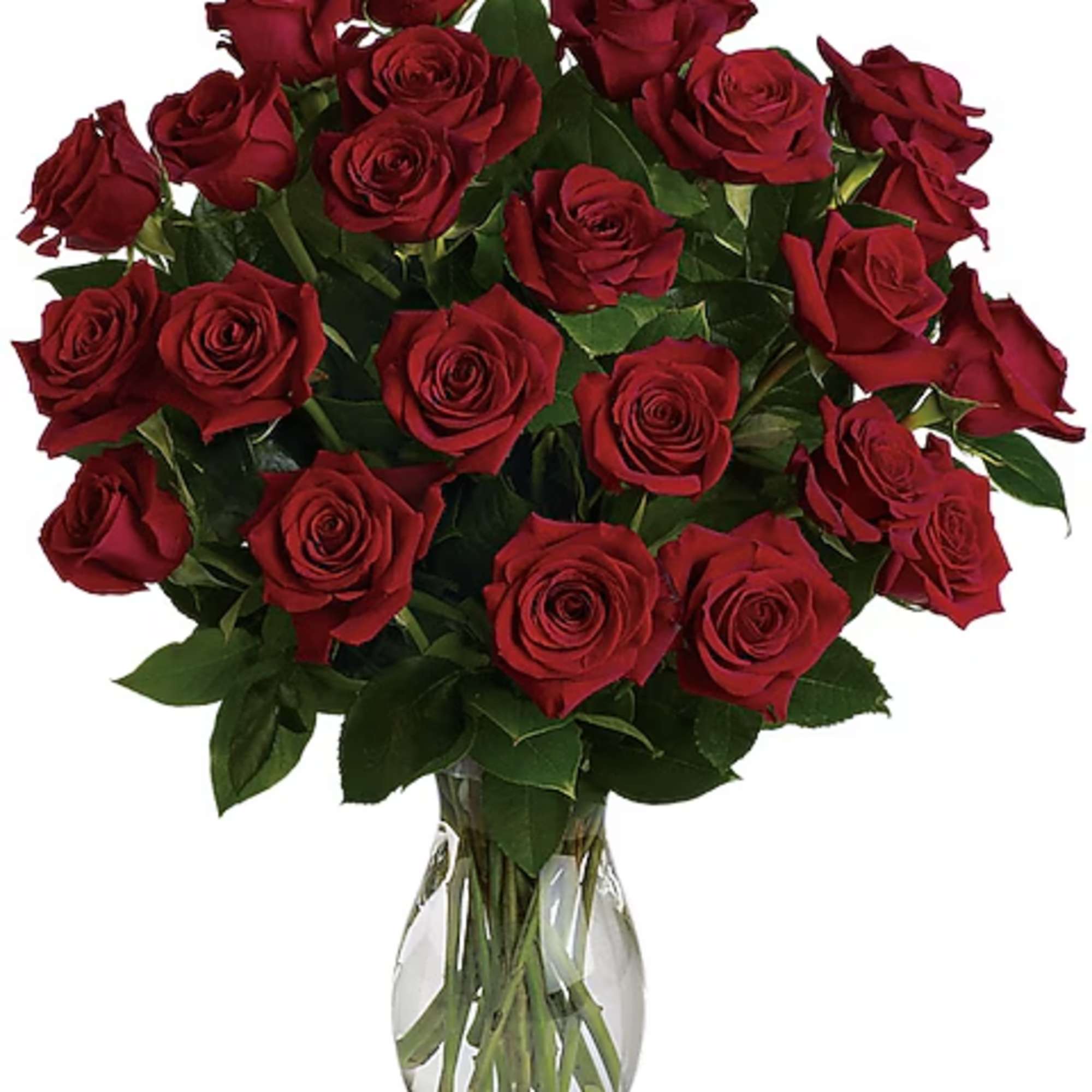 Bouquet of red roses in a clear glass vase