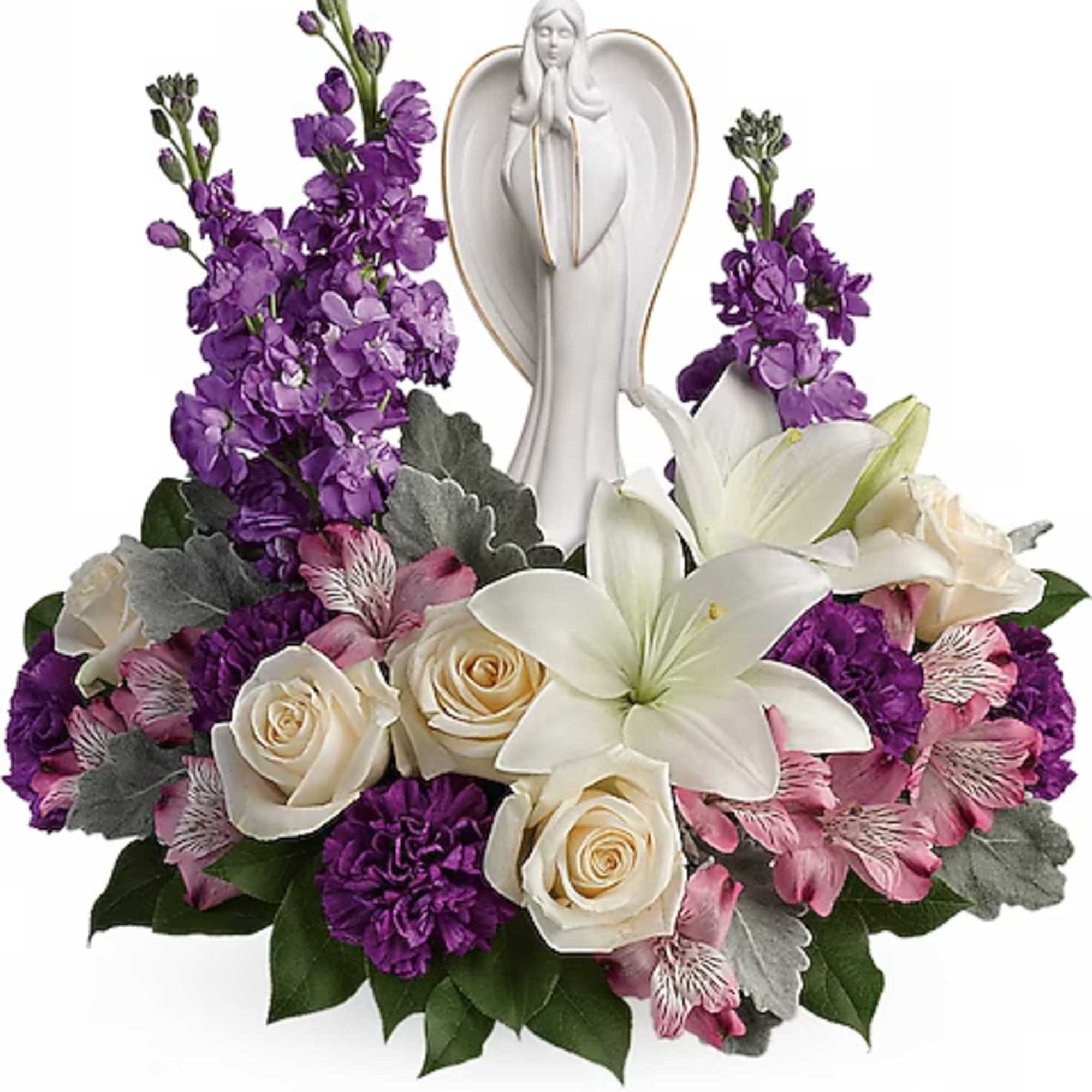 White angel figurine surrounded by purple and white flowers