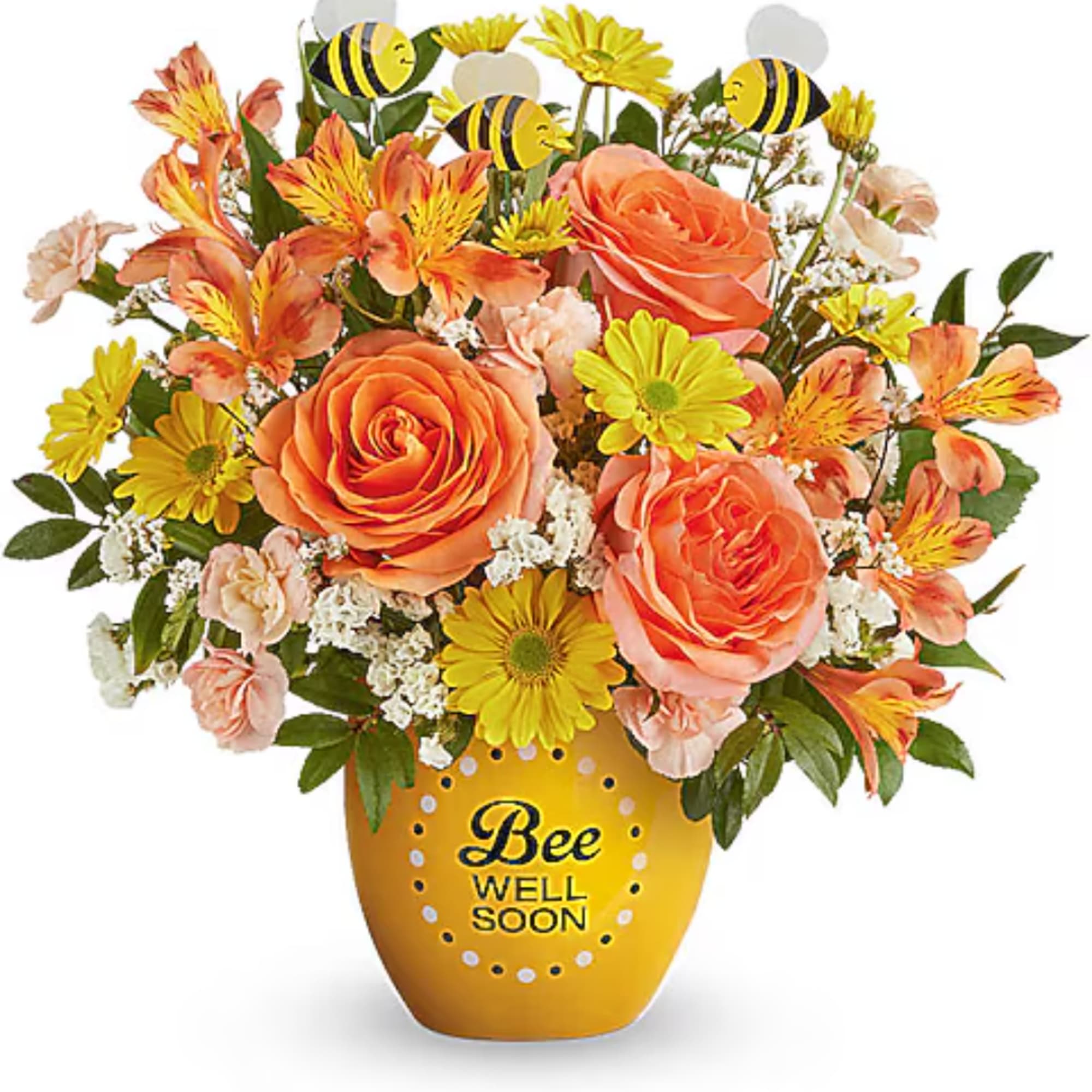 Orange roses and yellow daisies in a yellow bee-themed vase