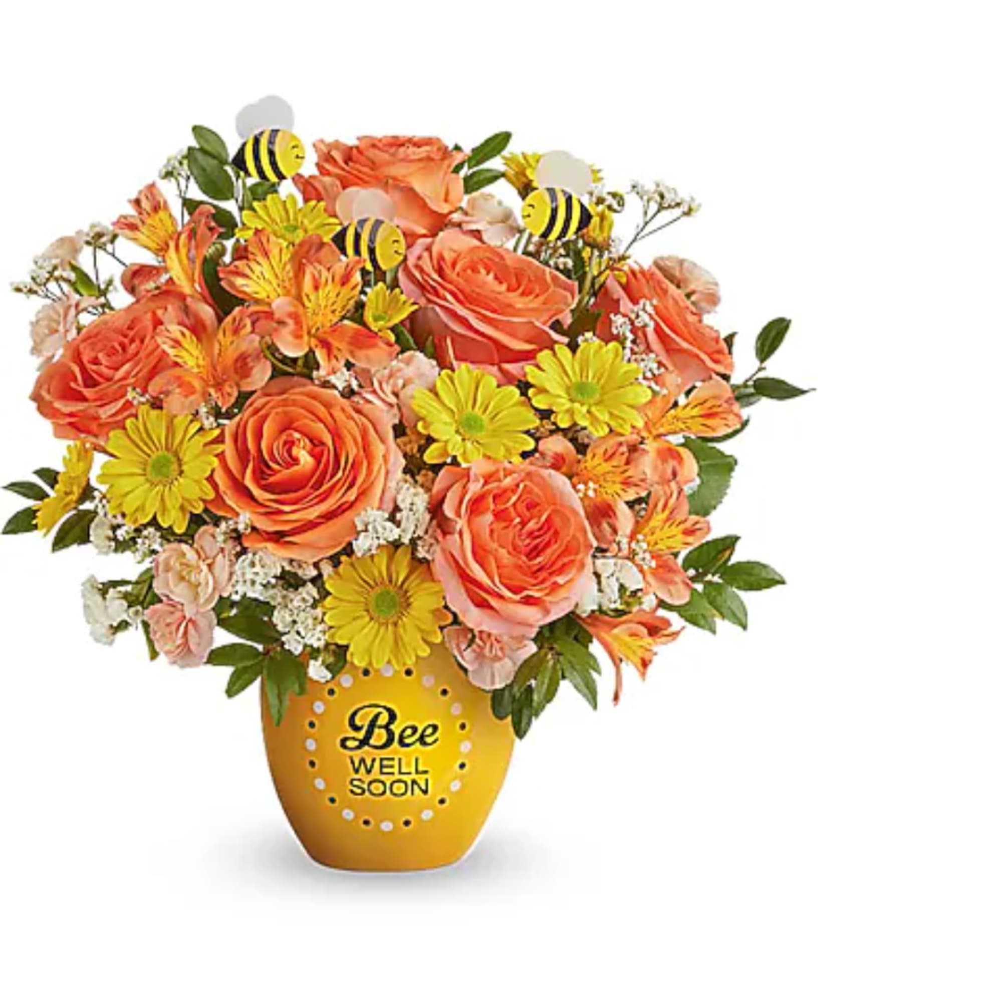 Orange roses and yellow daisies in a bee-themed vase