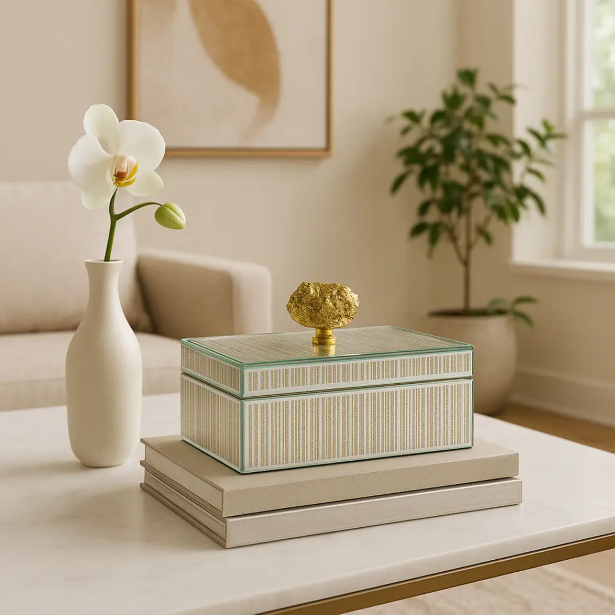 White orchid in a vase beside a decorative box on a table