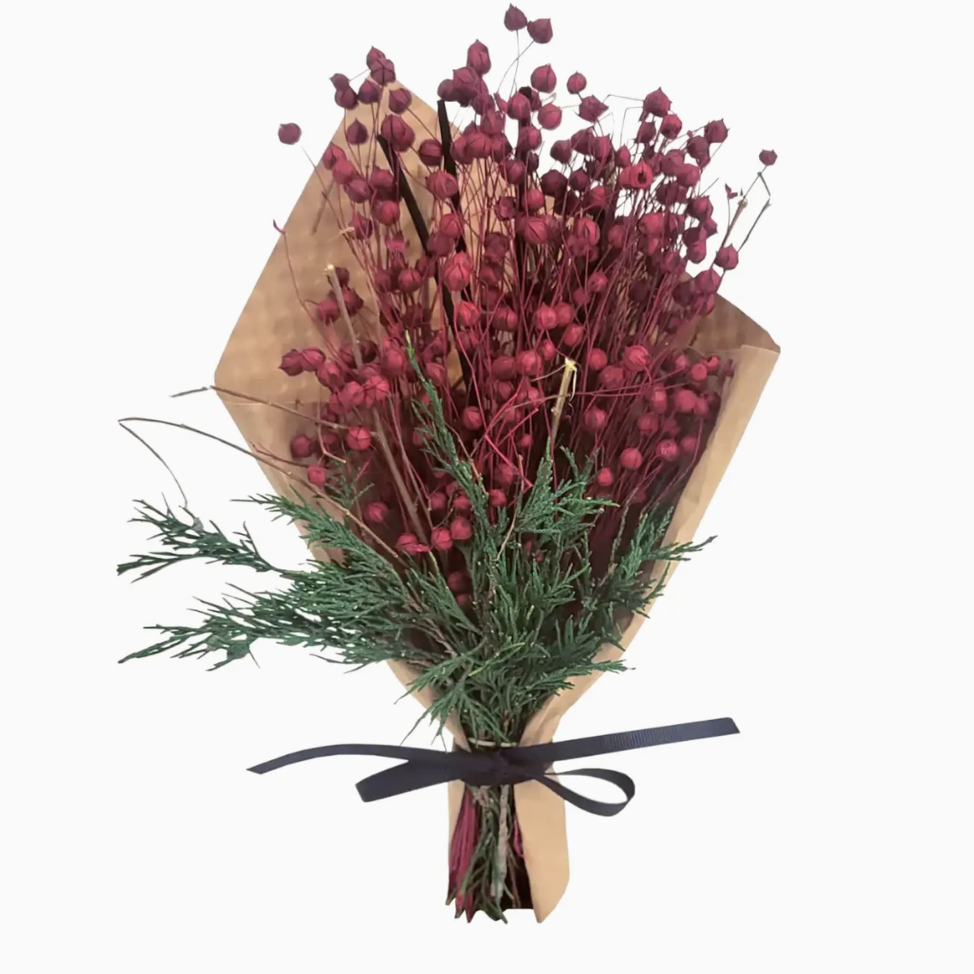Bouquet of burgundy dried flowers wrapped in brown paper with a black ribbon