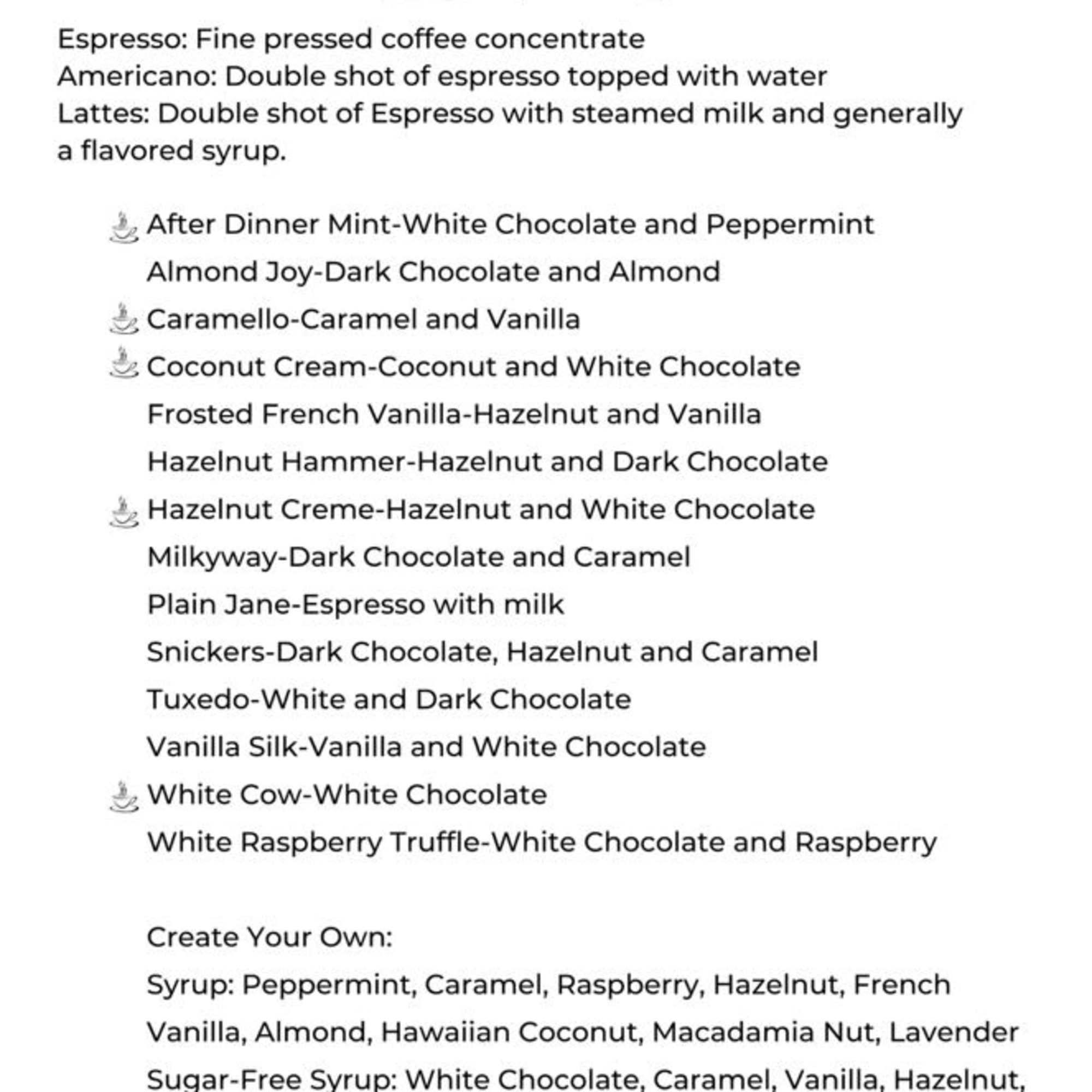 Minimalist coffee shop menu for espresso and flavored lattes titled Brewed Awakenings.