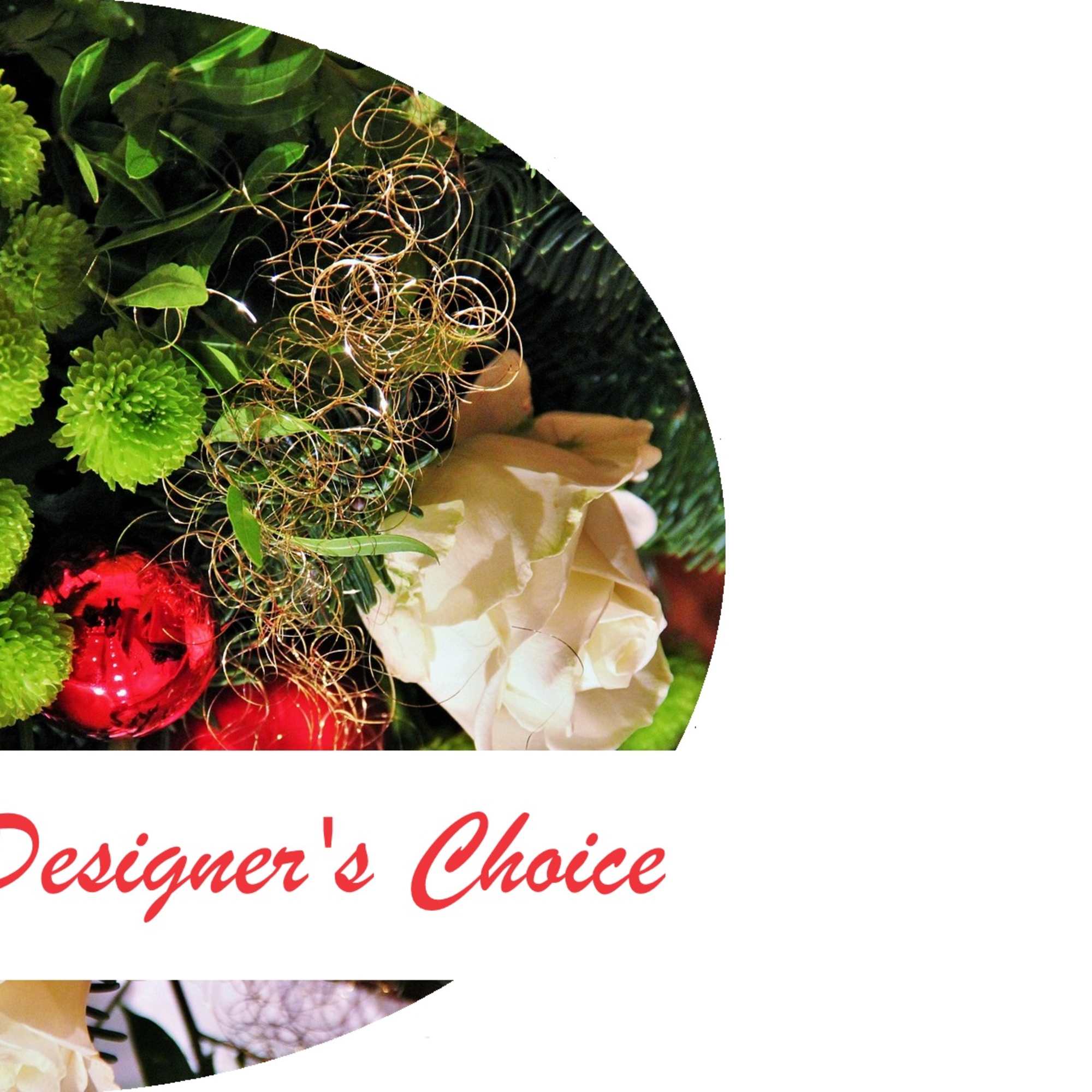 Designer’s choice floral arrangement with green pompons and cream roses