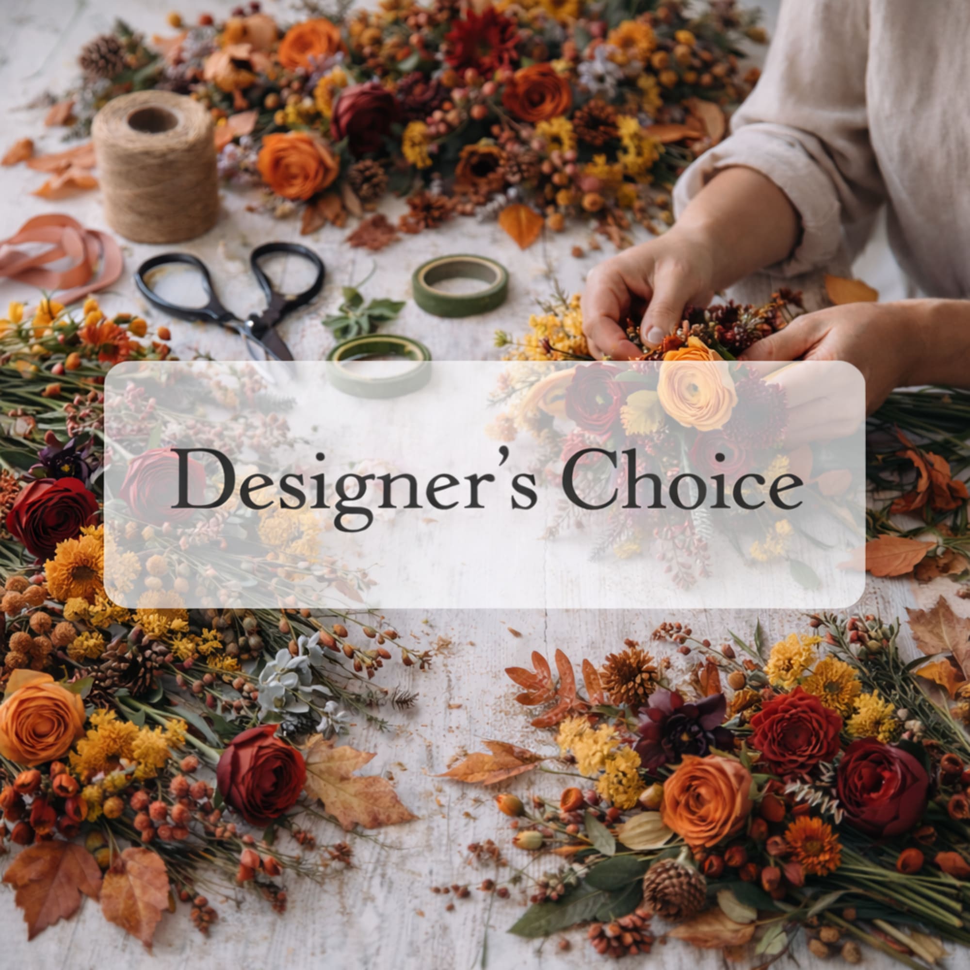 Designer’s choice floral arrangement with orange and red blooms on a table