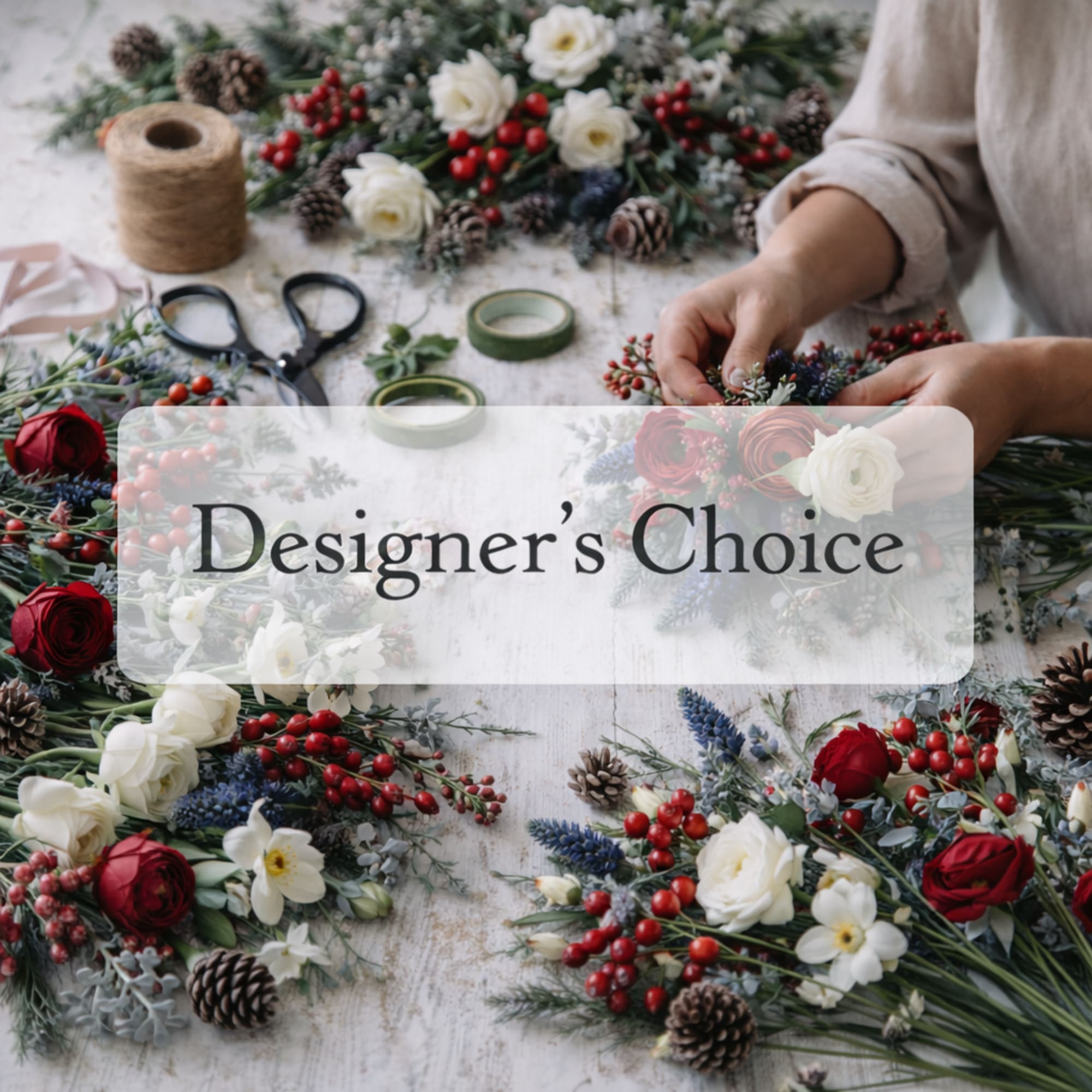 Designer’s choice floral arrangement with red and white blooms and pinecones