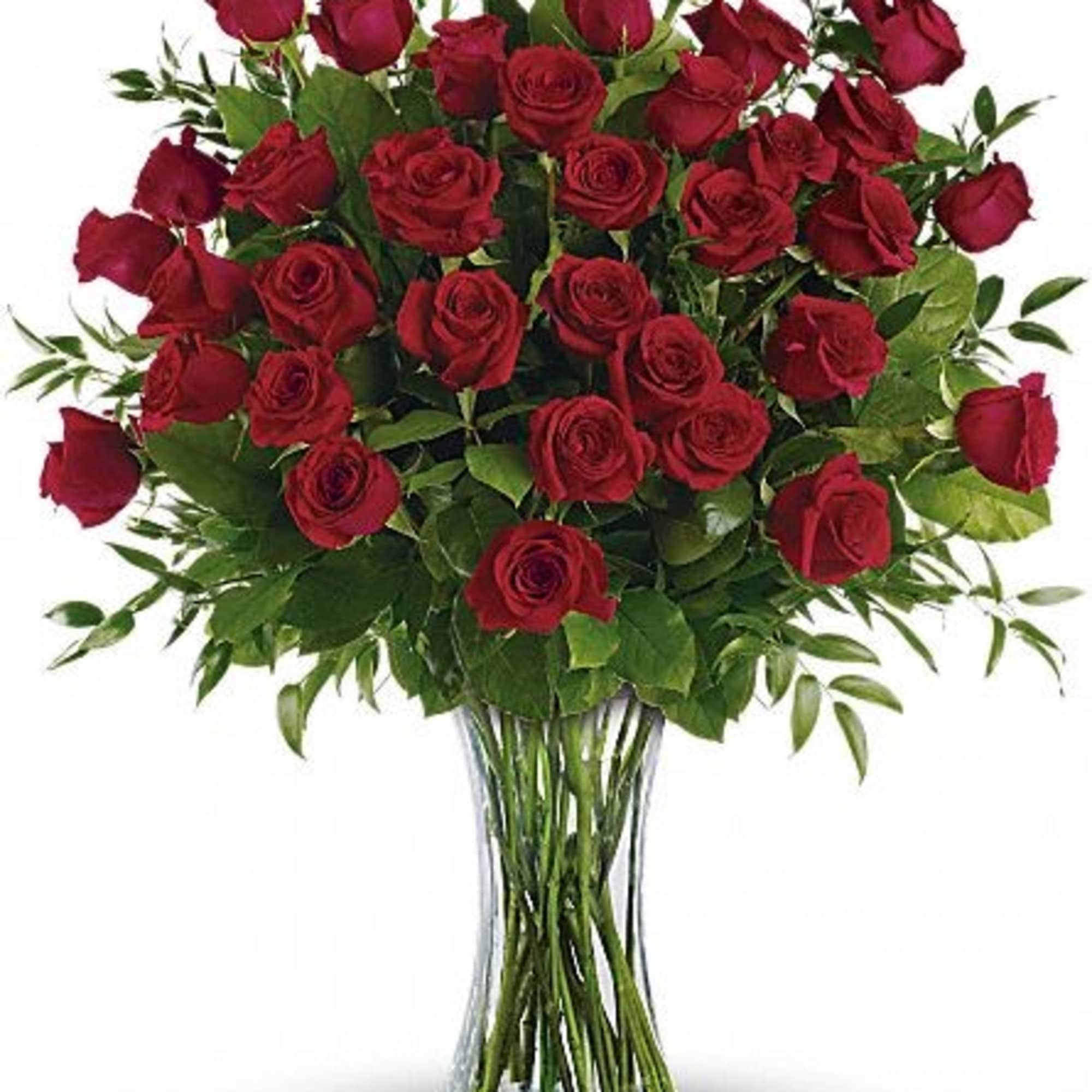 Bouquet of red roses in a clear glass vase, photo 3 of 3