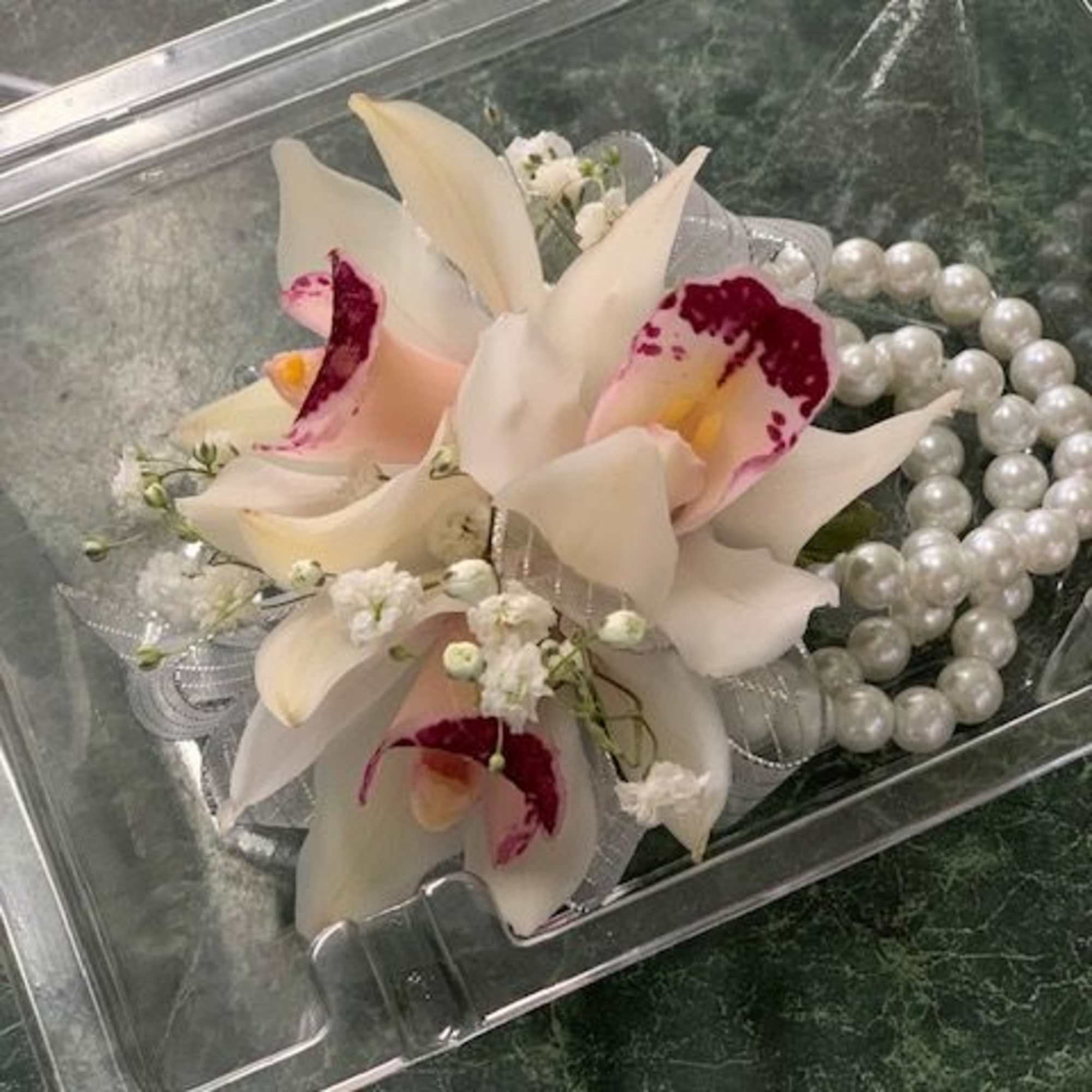White orchids with pink centers in a clear plastic box beside a pearl necklace