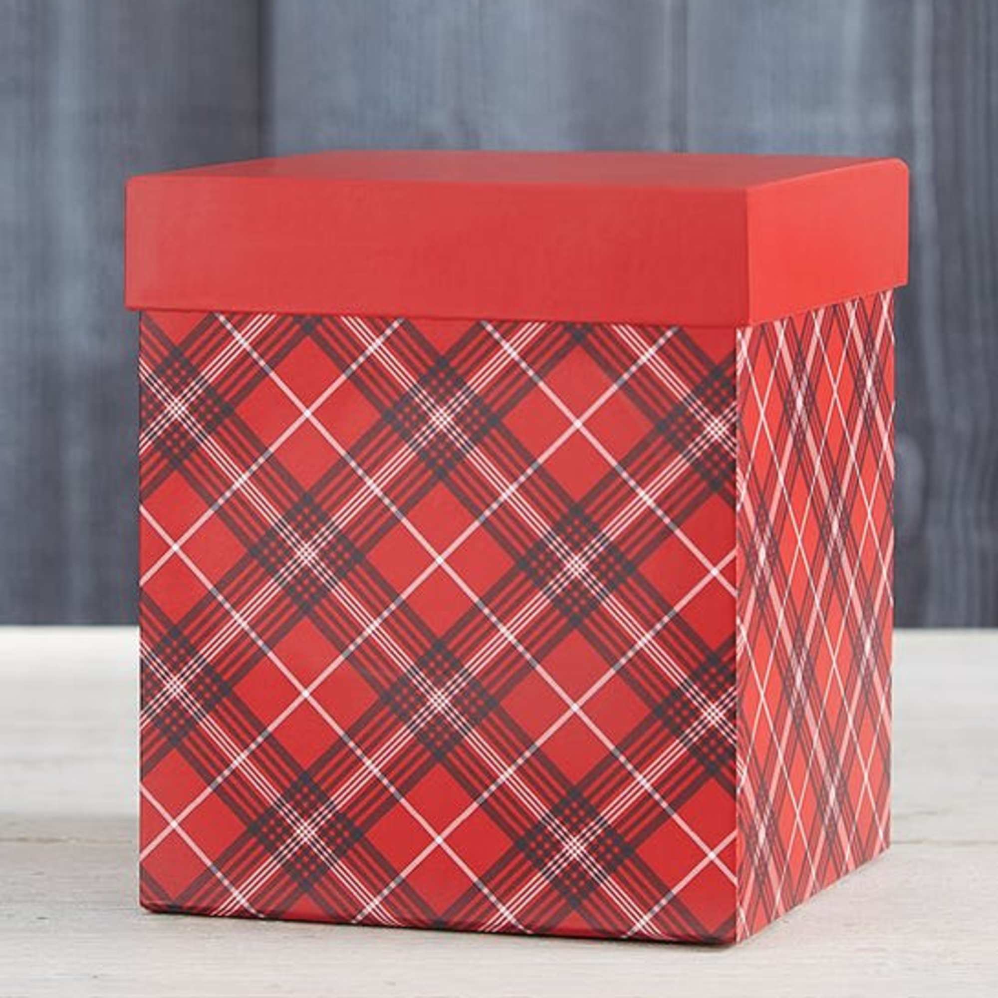 Red plaid gift box with a matching lid