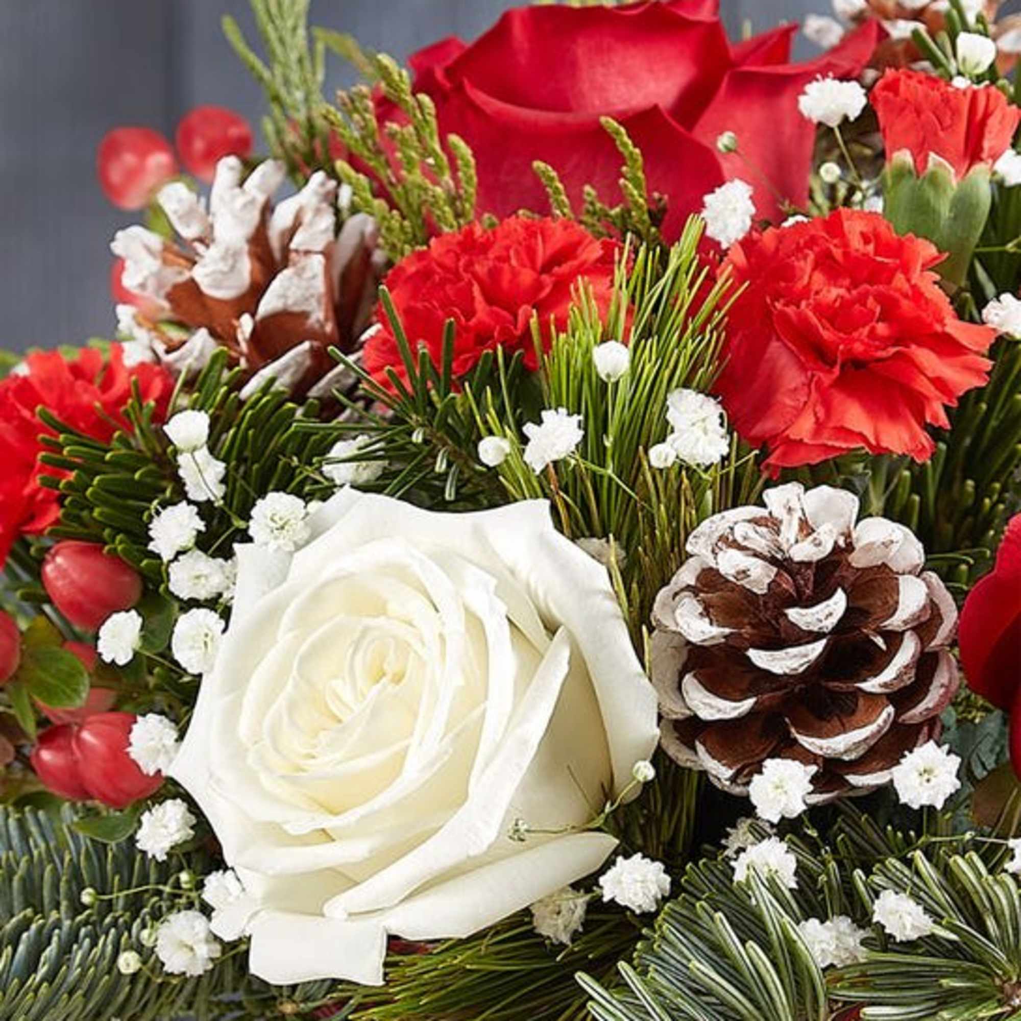 Red and white floral arrangement with pinecones and evergreen accents