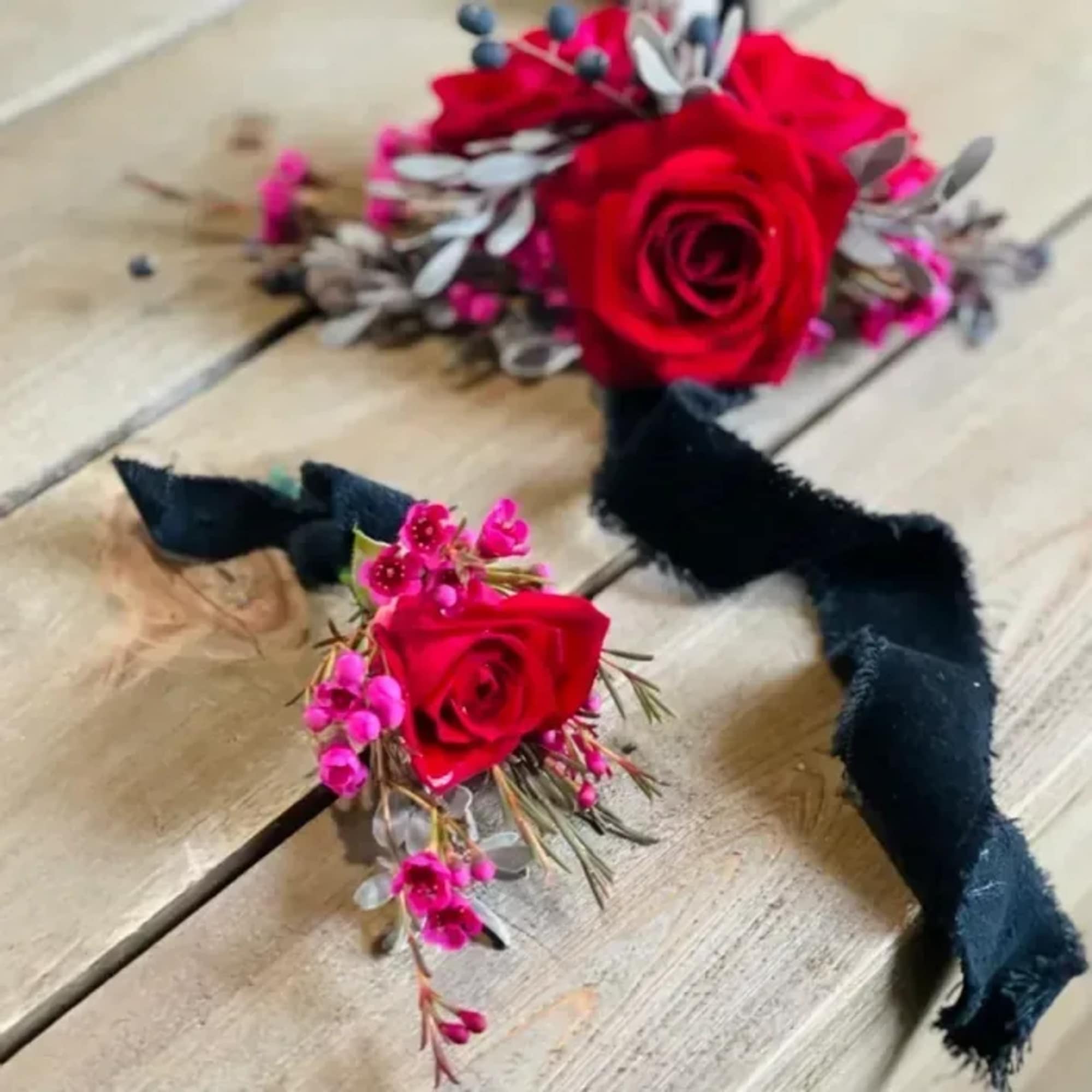 Complete your prom look with our handcrafted prom bouquet and boutonniere set