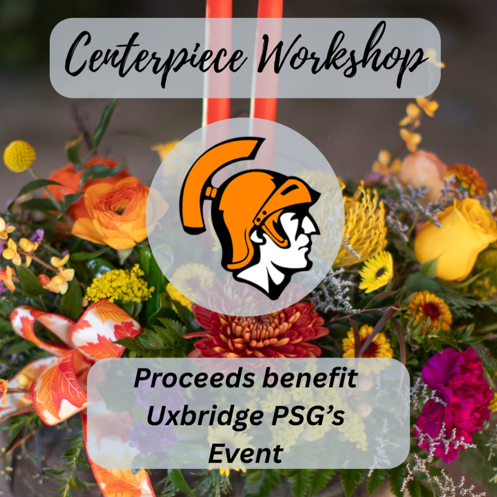 Colorful floral centerpiece workshop graphic with roses and mums