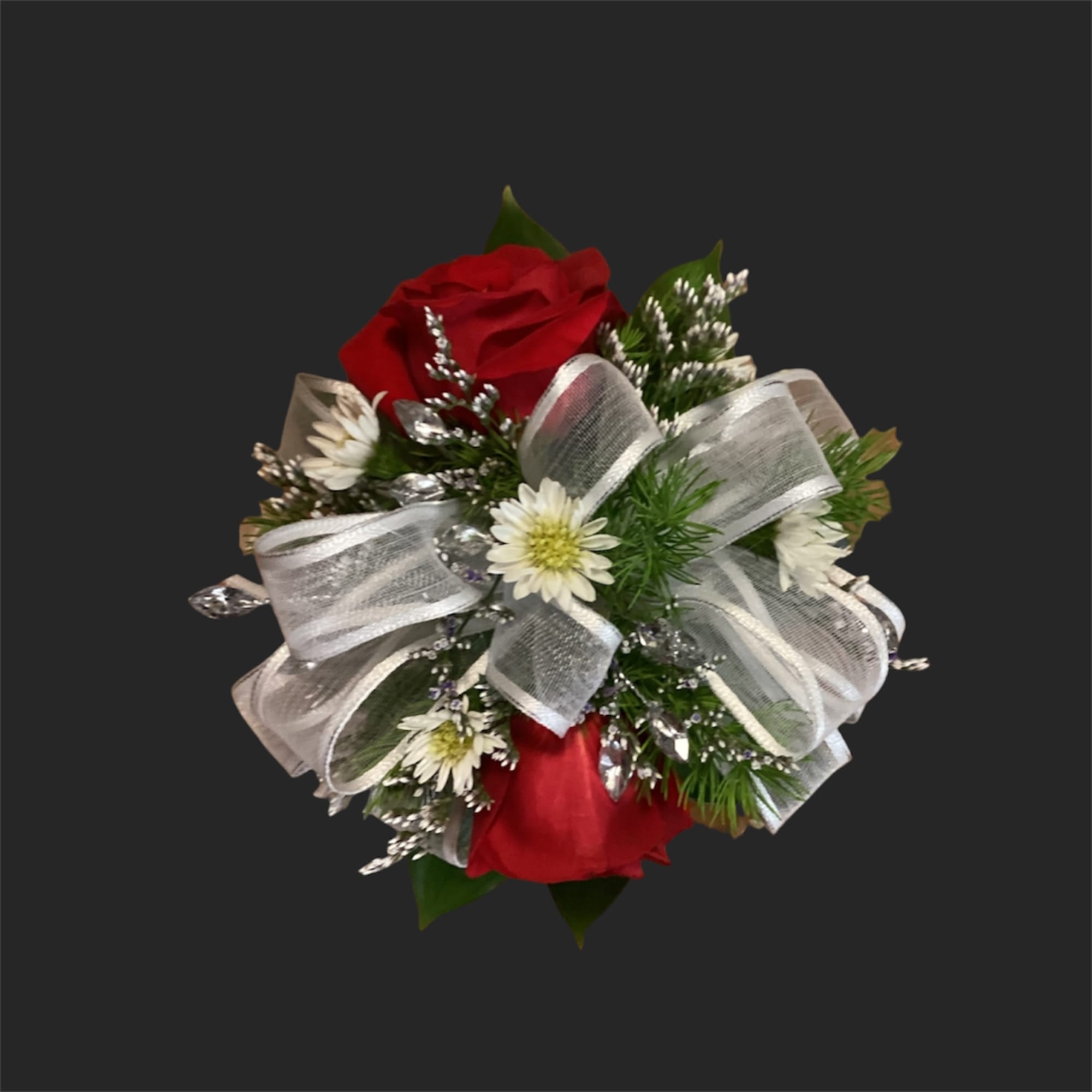 Red rose corsage with white daisies and silver ribbon