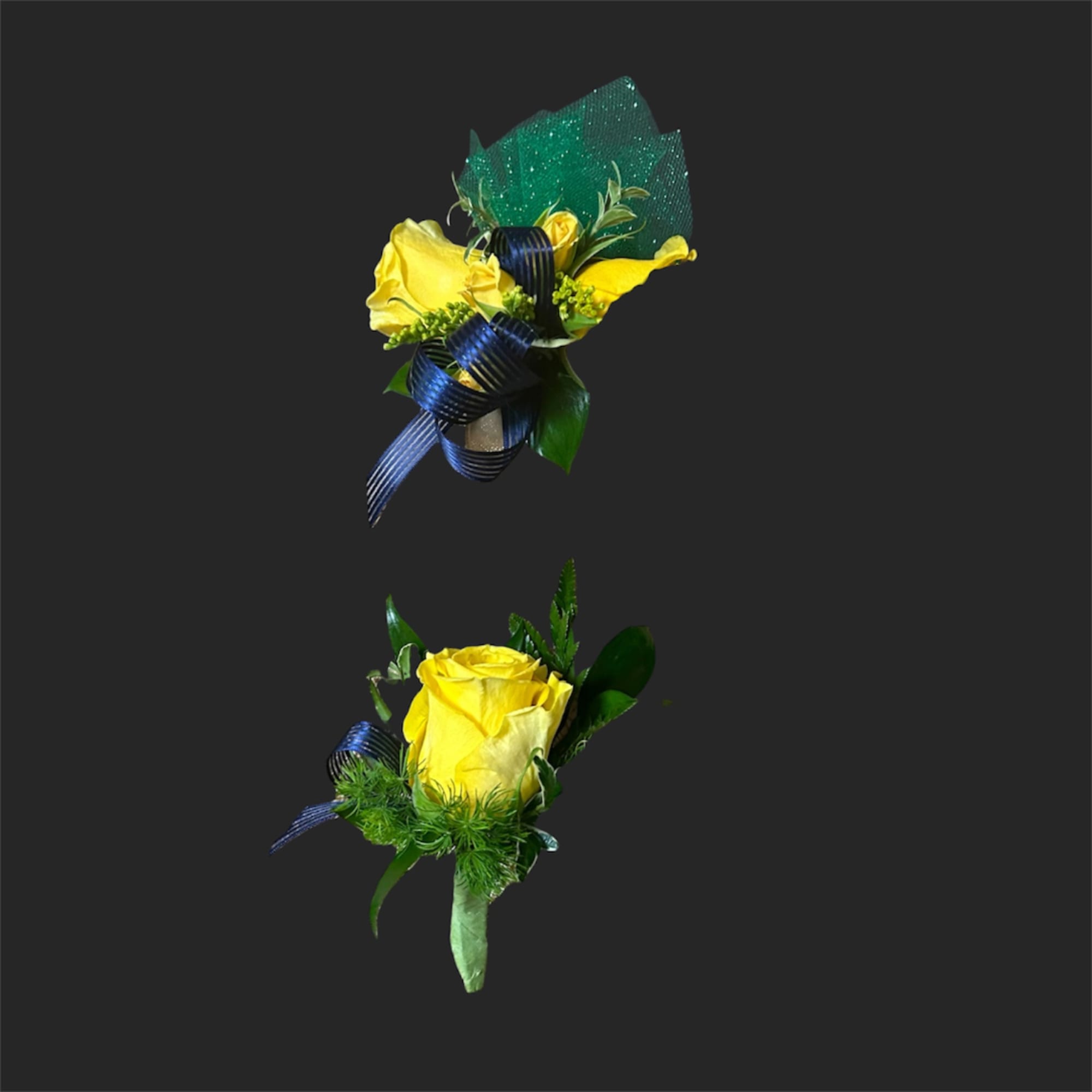 Two yellow rose boutonnieres with blue ribbon accents