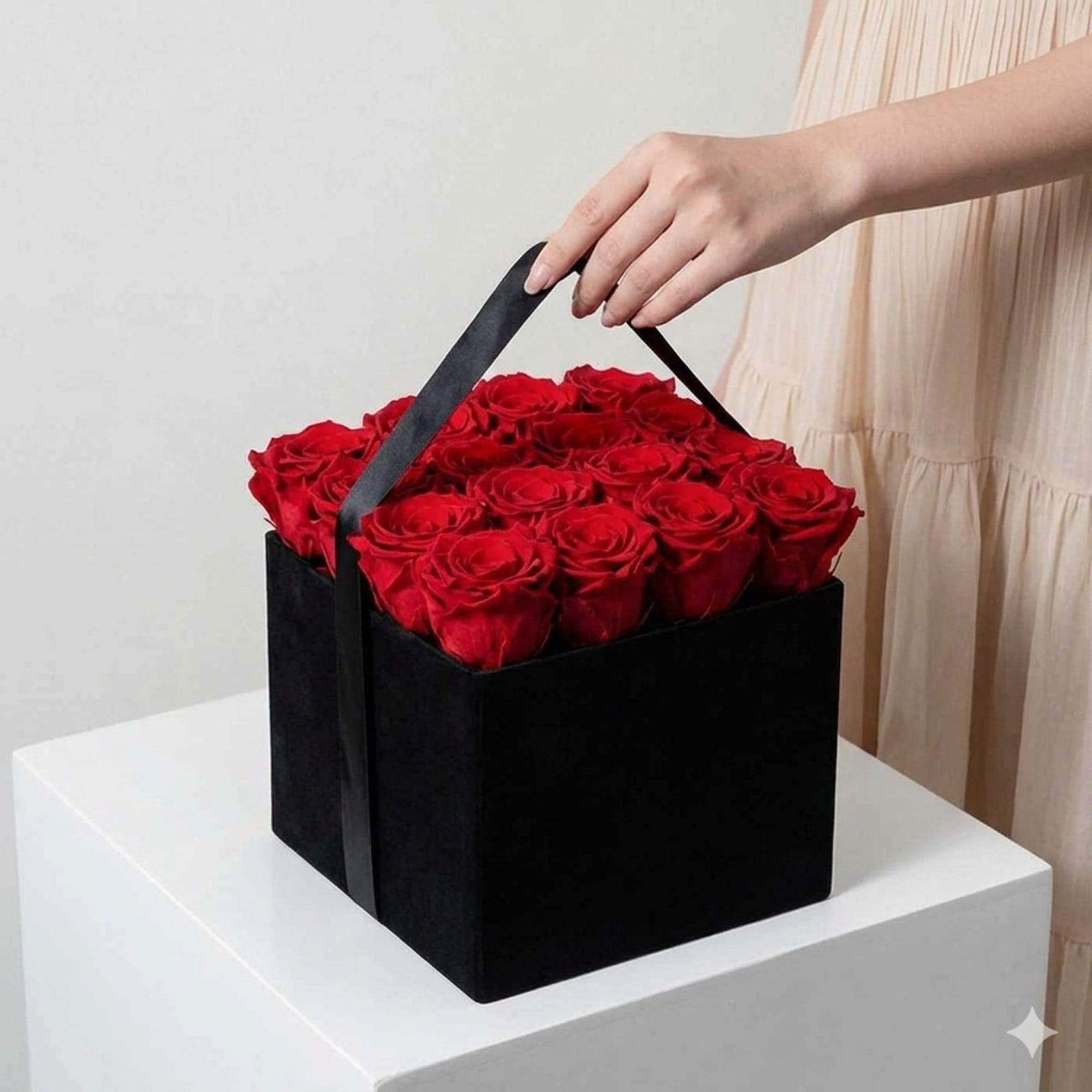A tight grid of sixteen premium red roses set against matte black, photo 2 of 2