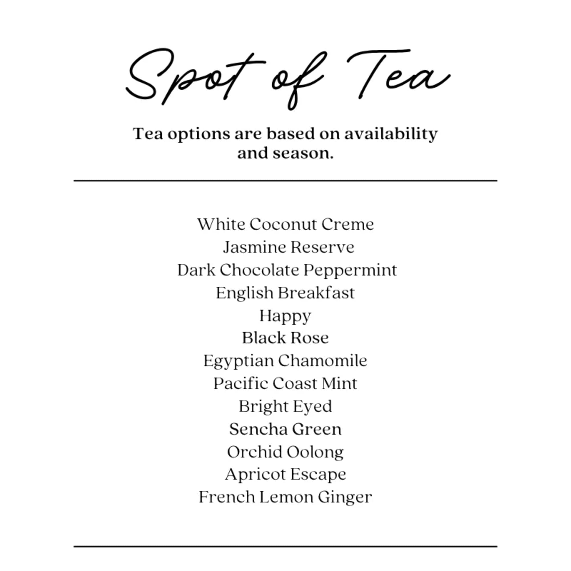 Printed tea menu listing assorted tea flavors on a white background