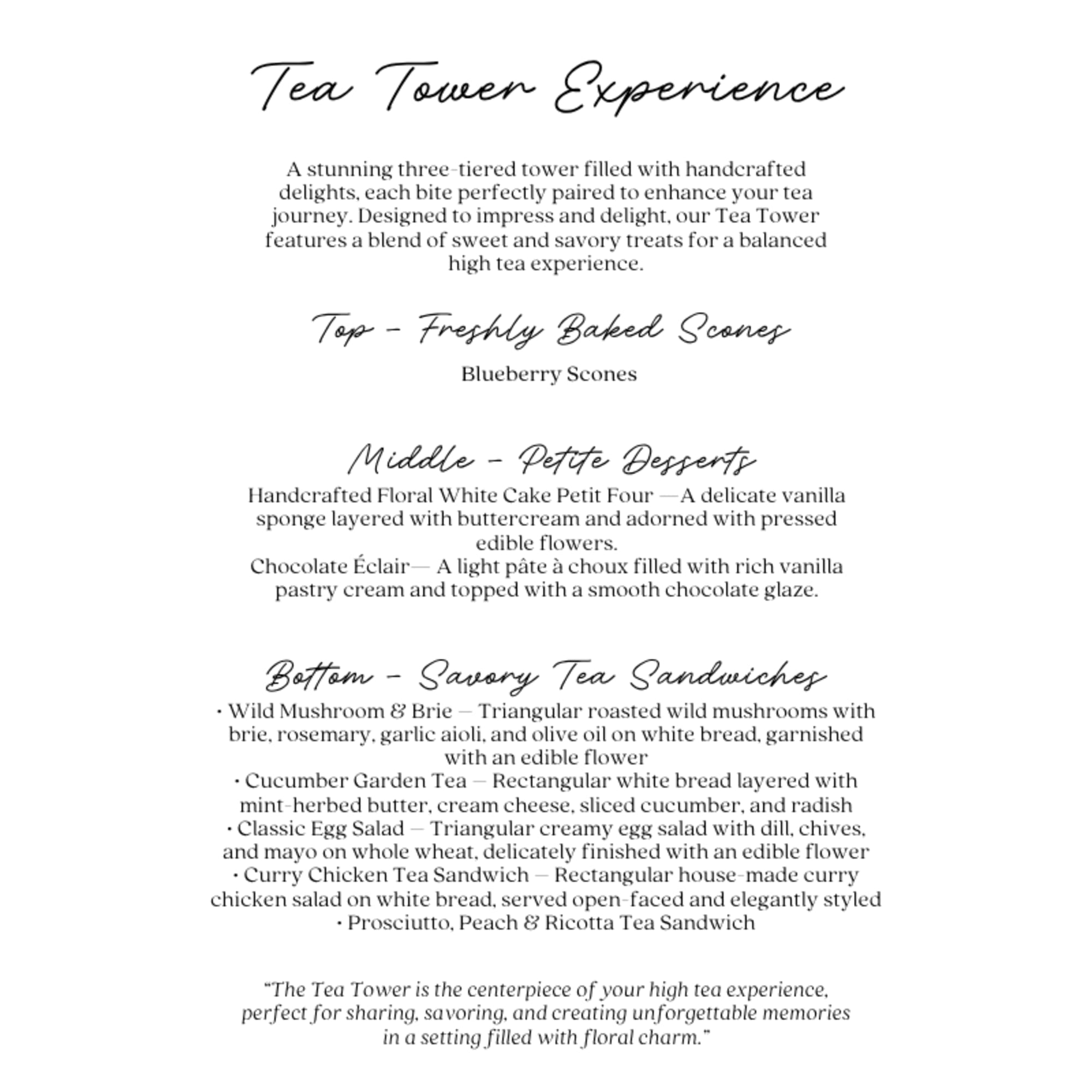 Text menu for a three-tier tea tower with scones, desserts, and tea sandwiches