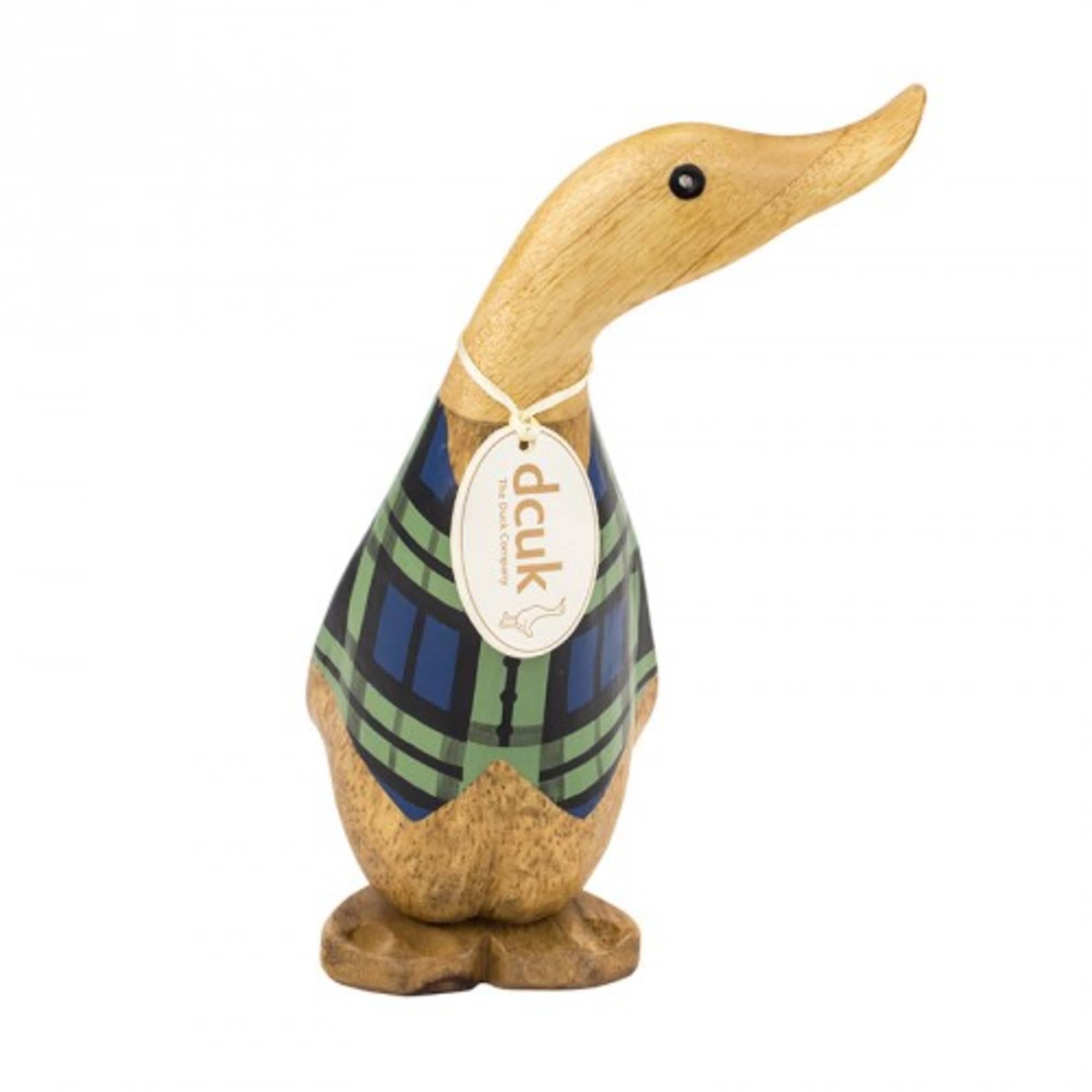 Wooden duck figurine wearing a plaid vest with a hanging tag