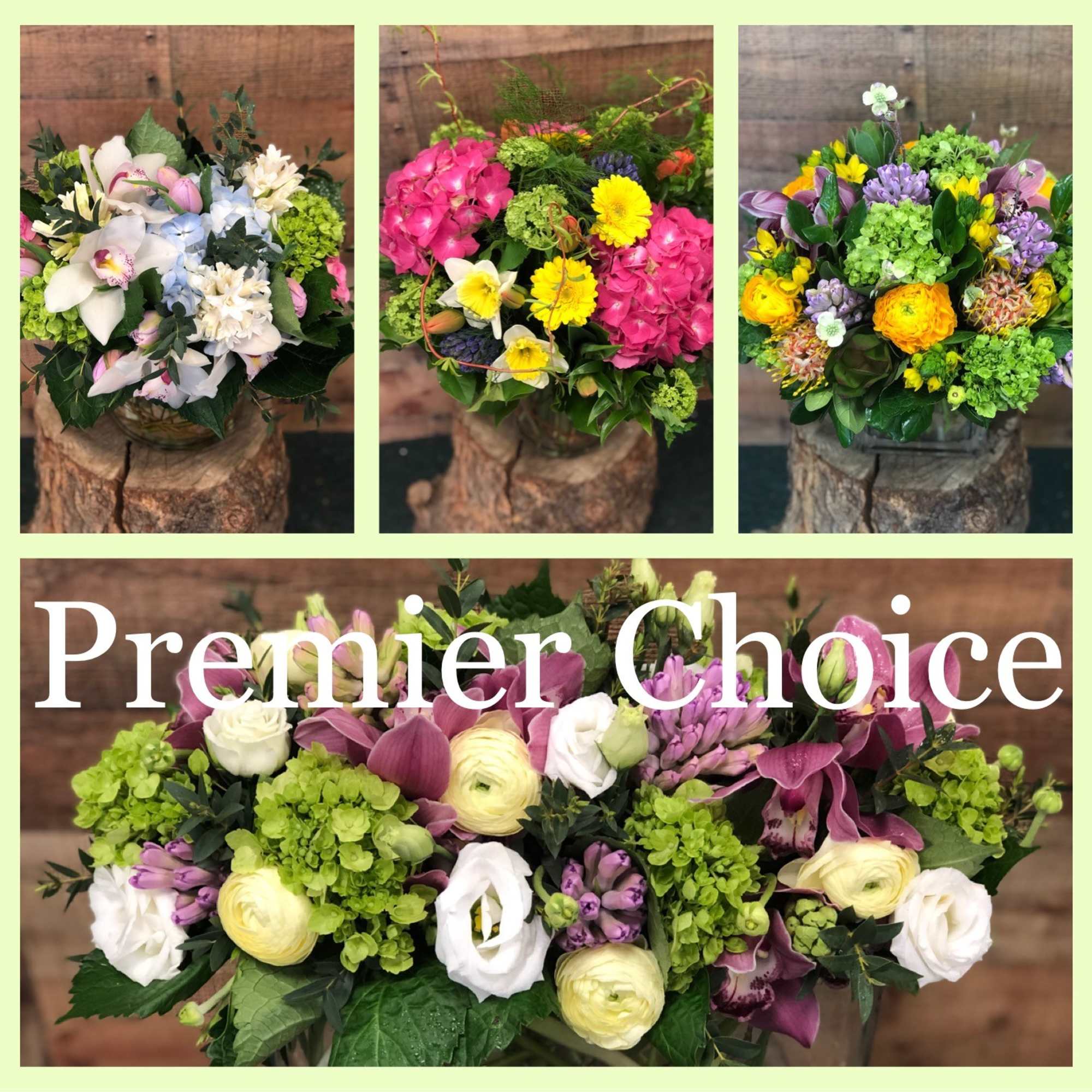 Collage of colorful mixed flower bouquets in containers