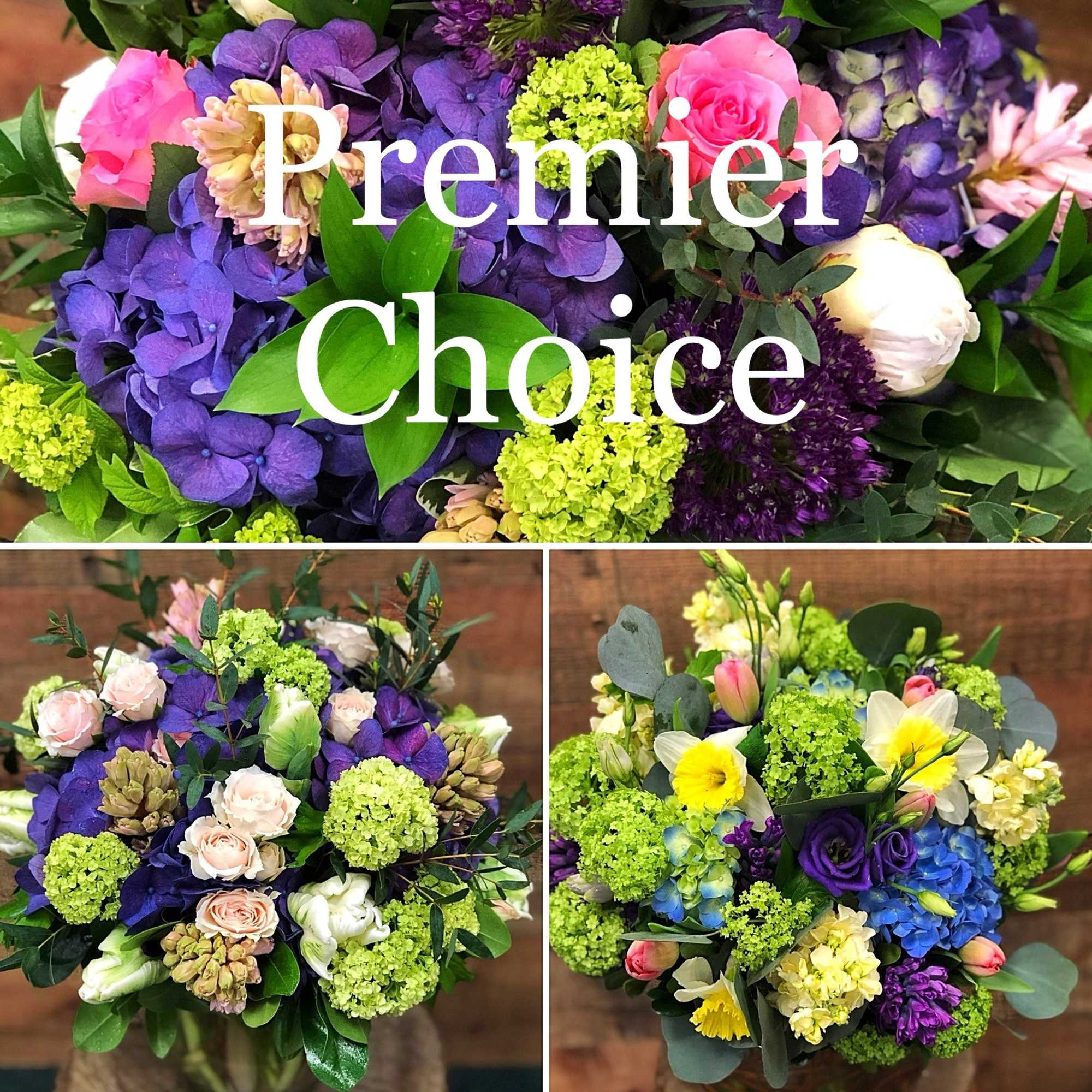 Three colorful mixed flower bouquets with roses, hydrangeas, and daffodils