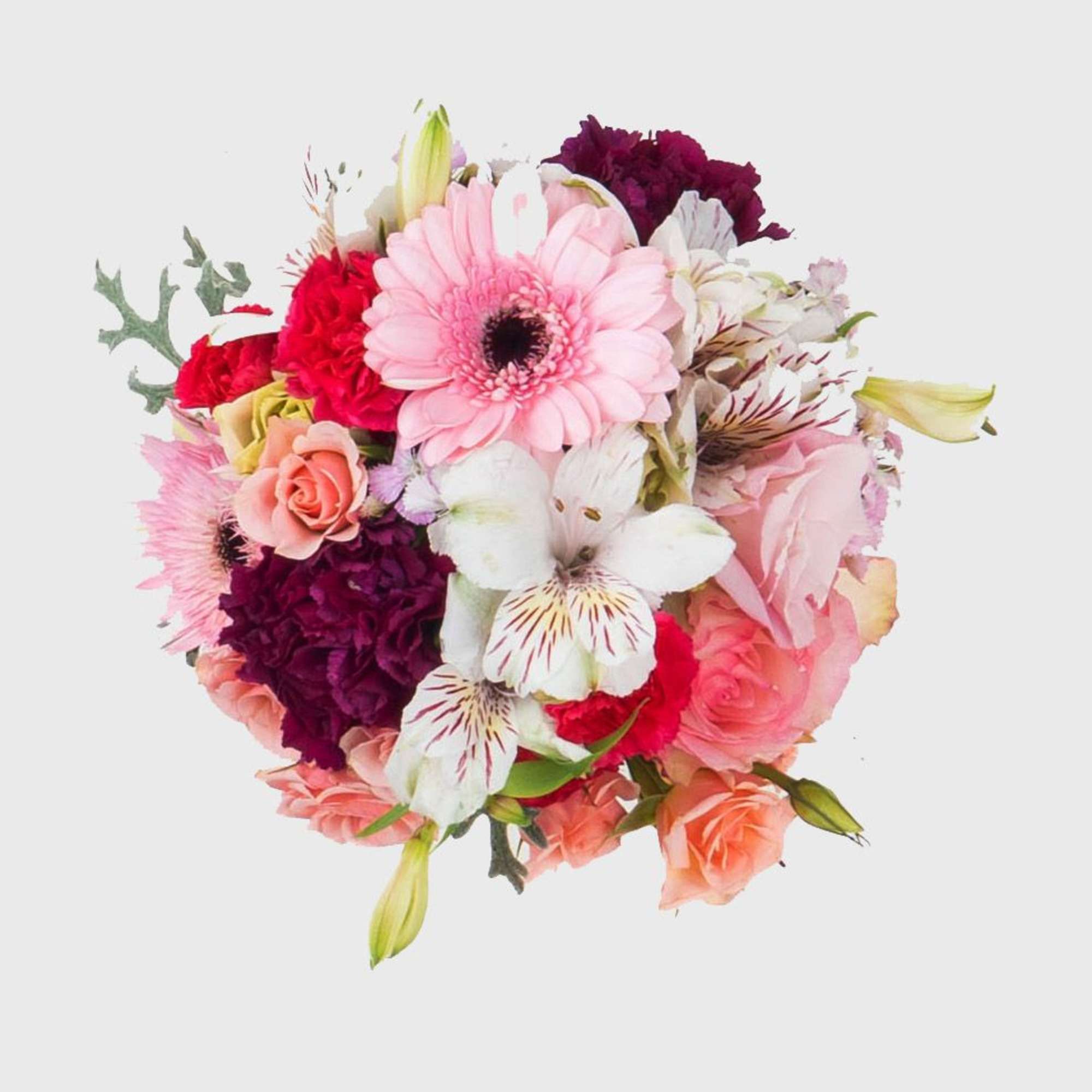 Mixed bouquet with pink gerbera daisies, roses, and white alstroemeria