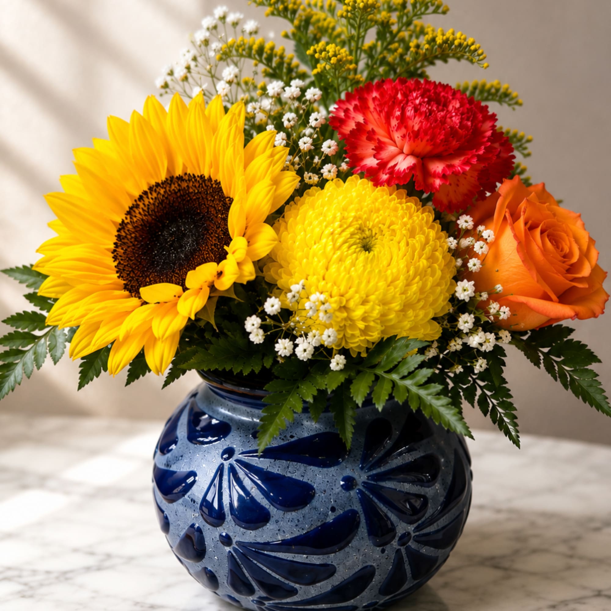 Mixed bouquet with sunflower, yellow chrysanthemum, red carnation, and orange rose in a blue vase