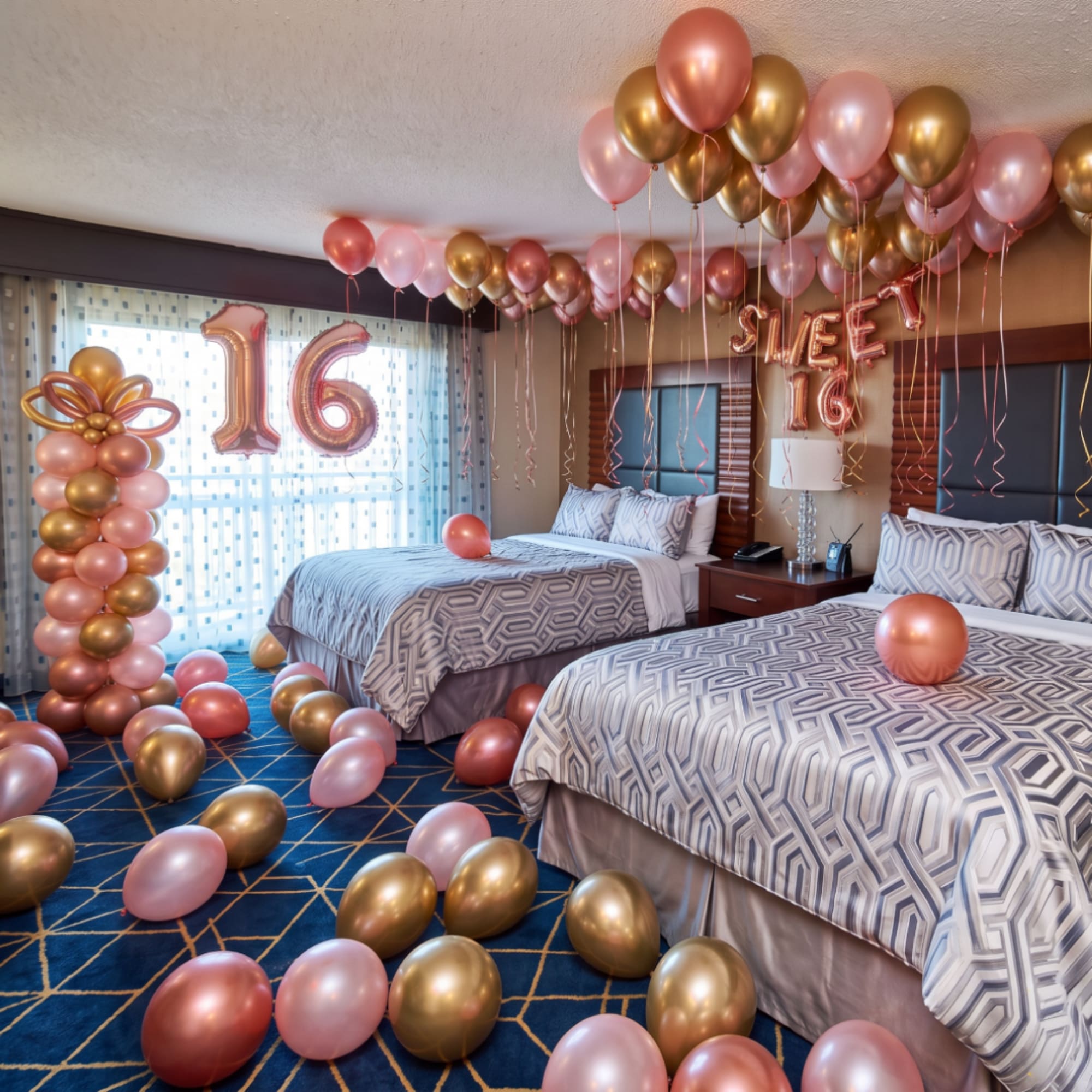 Pink and gold balloons decorate a bedroom with a large 16 balloon and Sweet 16 sign.