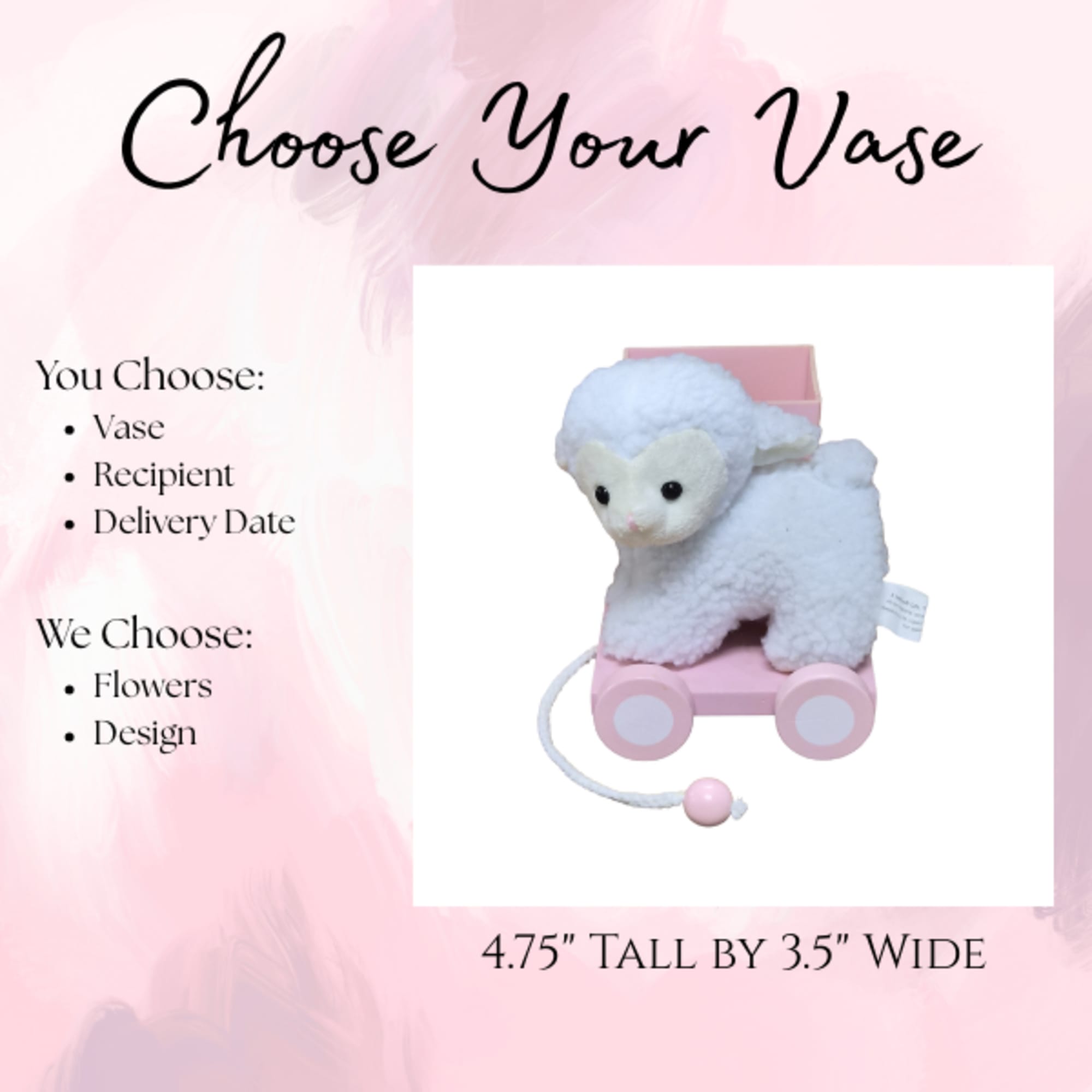 Plush lamb on a pink wheeled cart with a small box behind it