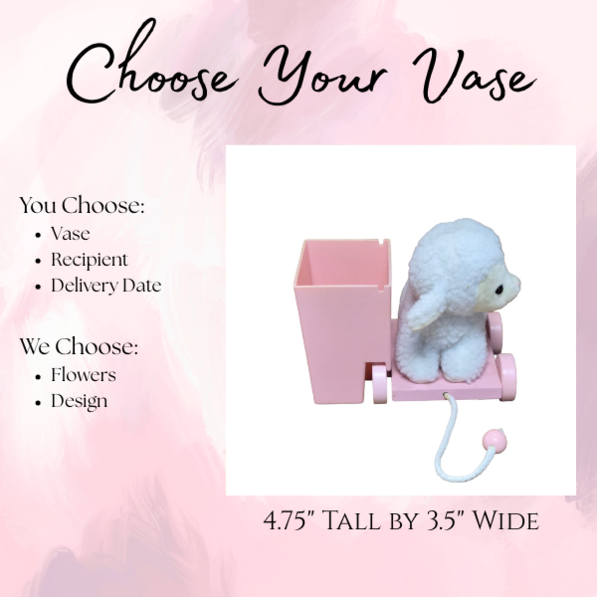 Pink vase with a plush lamb decoration and a cord