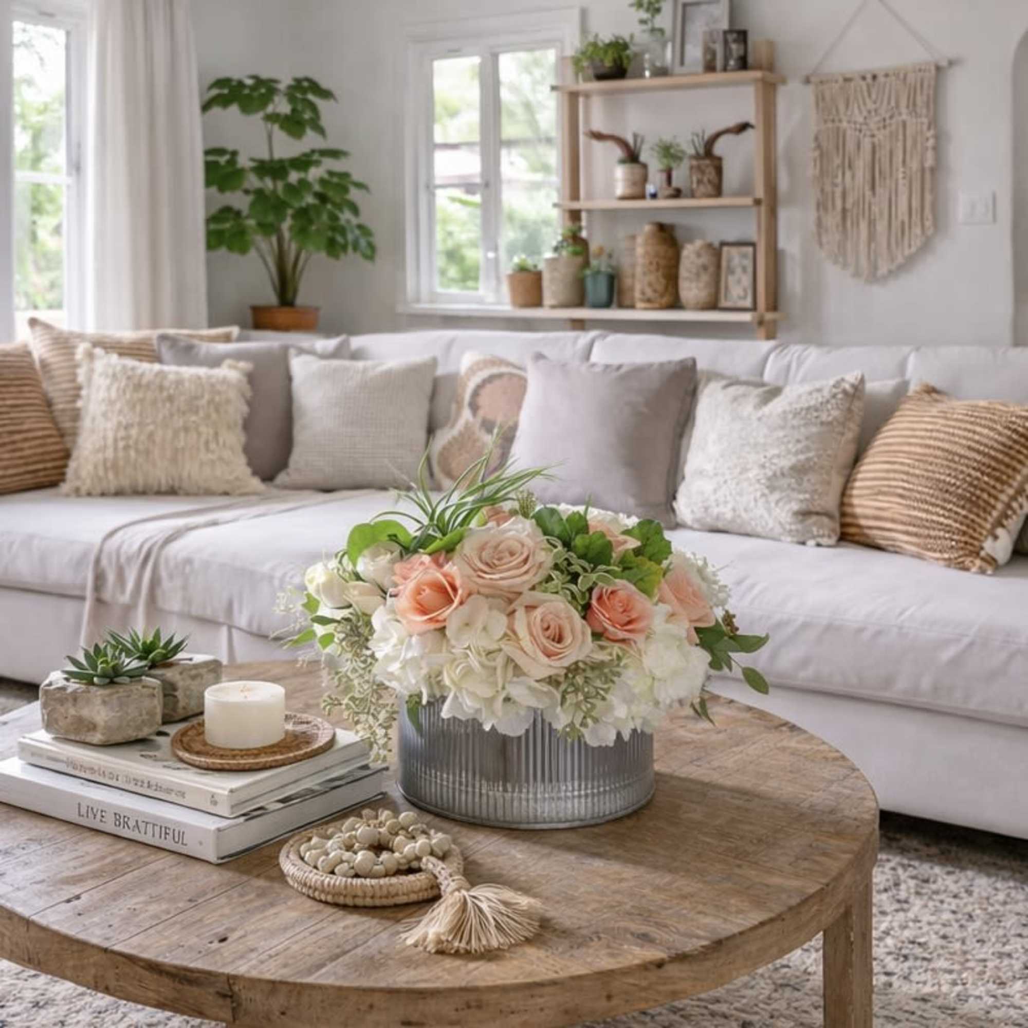 Peach and white rose arrangement in a ribbed glass vase on a coffee table
