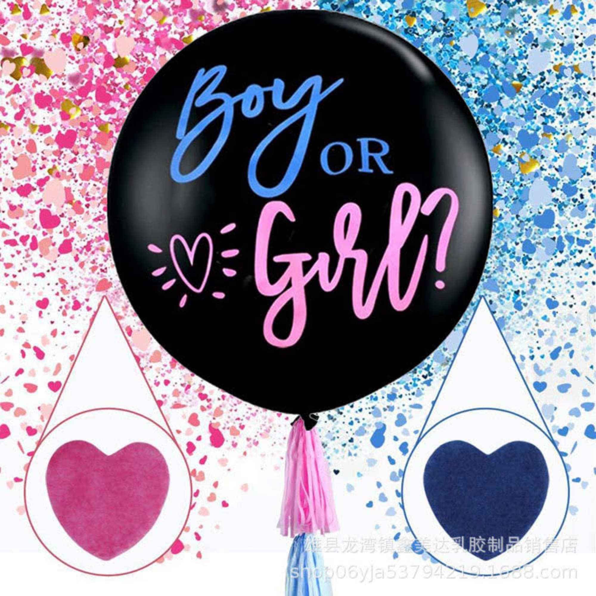 Black balloon with "Boy or Girl?" text and pink and blue confetti background
